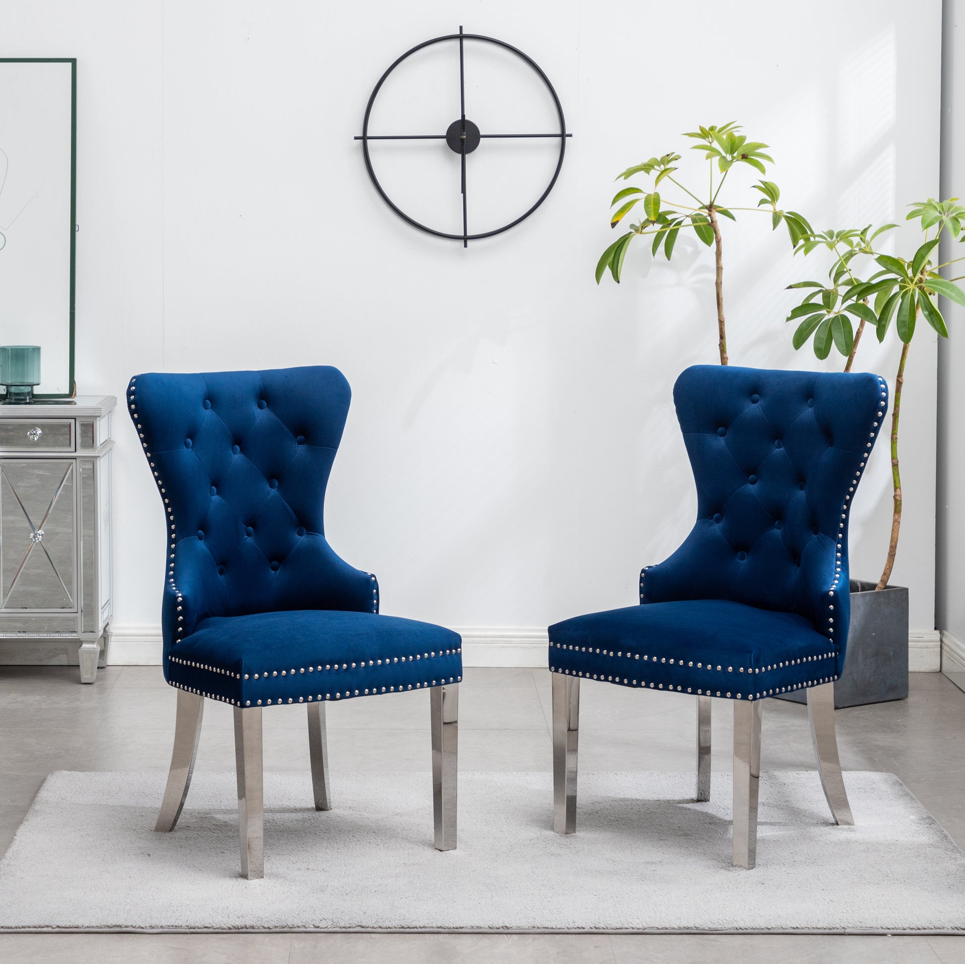 Montura Contemporary Tufted Velvet Chair With Trim, Set Of 2, Blue Blue Velvet