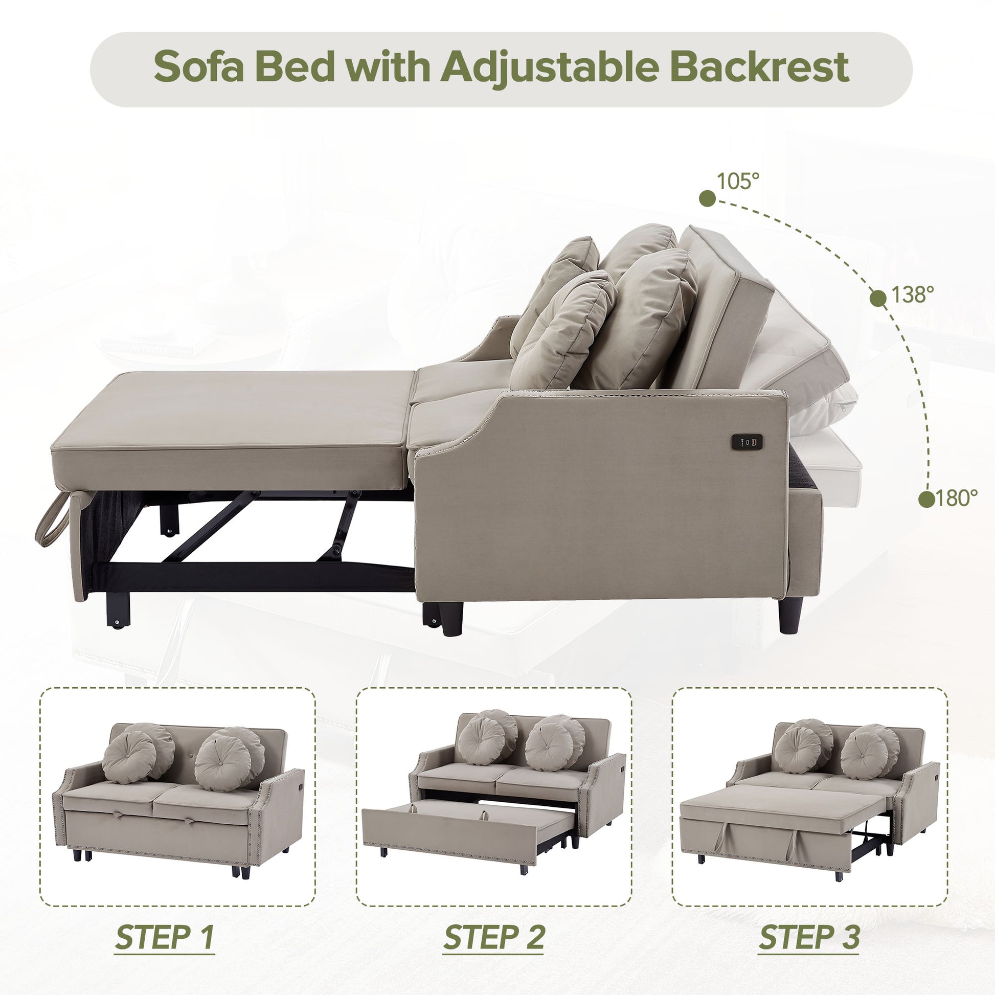 54.7" Multiple Adjustable Positions Sofa Bed Stylish Sofa Bed With A Button Tufted Backrest, Two Usb Ports And Four Floral Lumbar Pillows For Living Room, Bedroom,Or Small Space, Coffee Coffee Foam Polyester 2 Seat