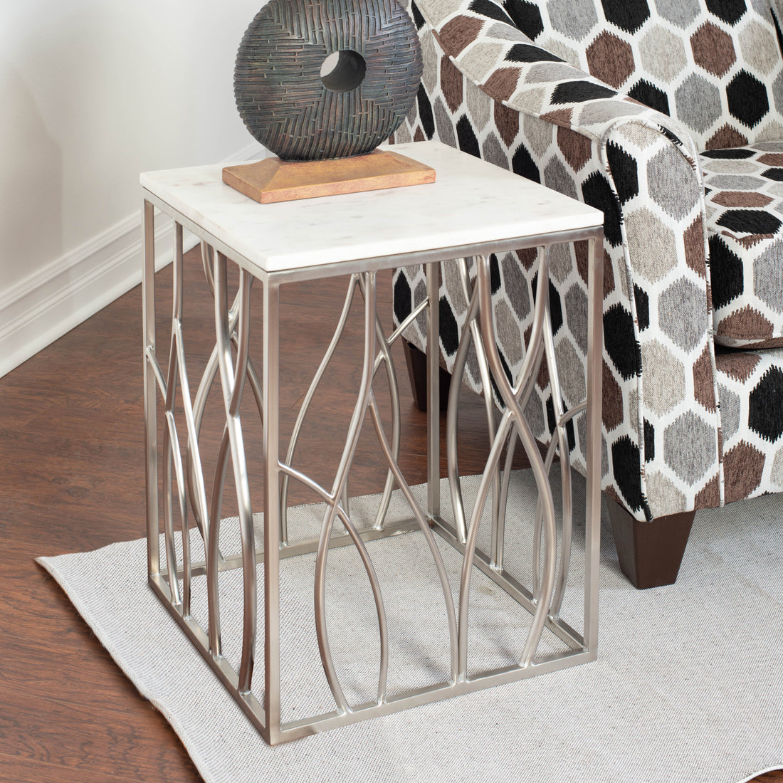 Kameral Square Marble End Table With Stainless Steel Base White Marble Metal