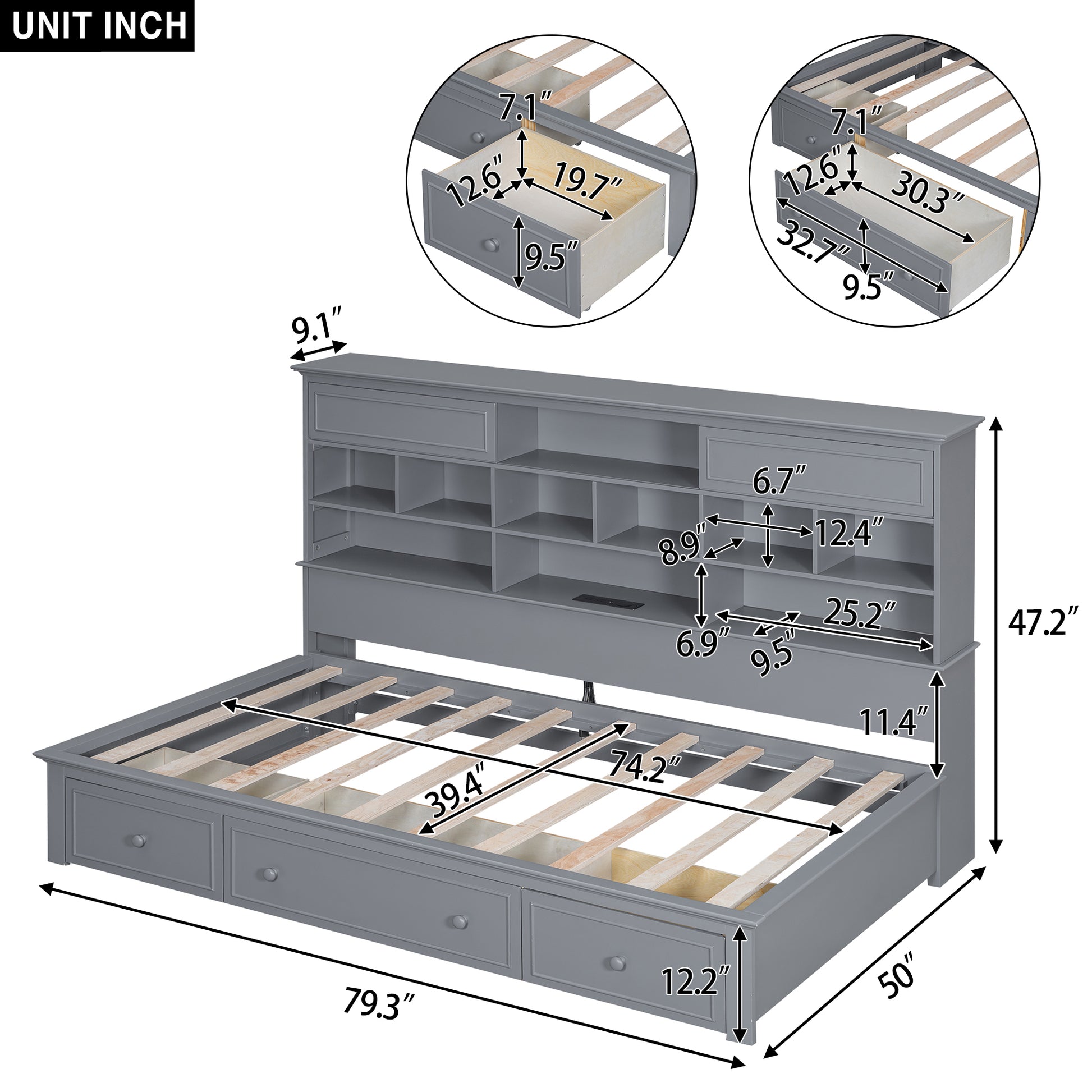 Twin Size Wood Daybed With Multi Storage Shelves, Charging Station And 3 Drawers, Gray Box Spring Not Required Twin Gray Wood Solid Wood Mdf