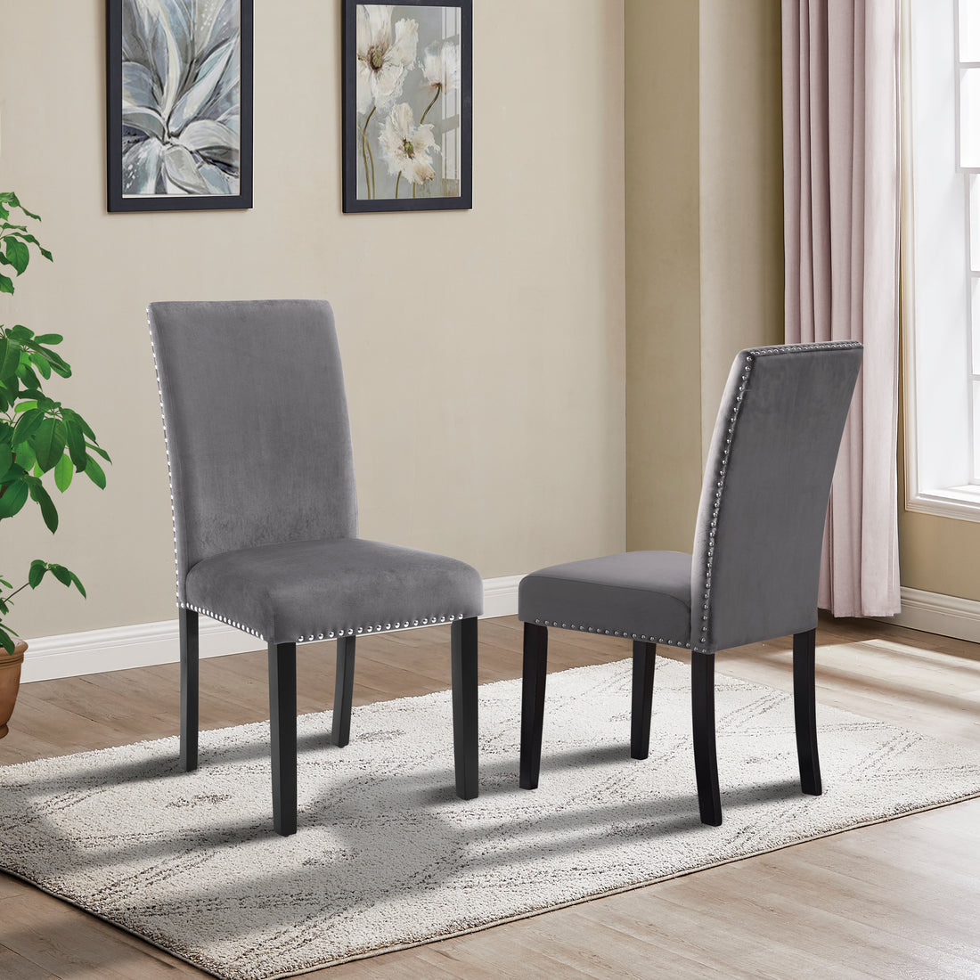 Cobre Contemporary Velvet Dining Chair With Trim, Set Of 2, Gray Gray Wood Fabric