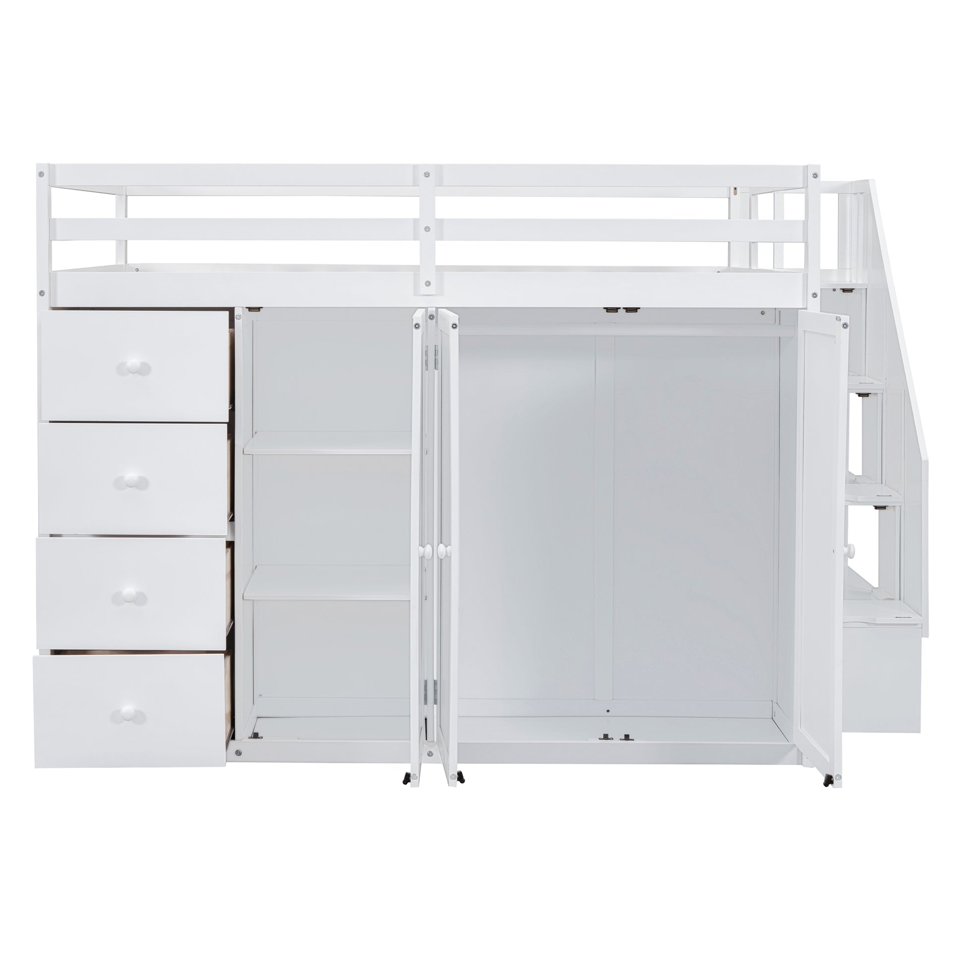 Full Size Wood Loft Bed With Built In Wardrobes, Cabinets And Drawers, White White Solid Wood Mdf