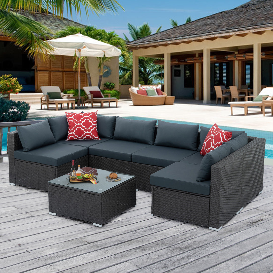 Patio Furniture, Outdoor Furniture, Seasonal Pe Wicker Furniture, 7 Set Wicker Furniture With Tempered Glass Coffee Table Dark Gray Pe Rattan Iron Waterproof Fabric