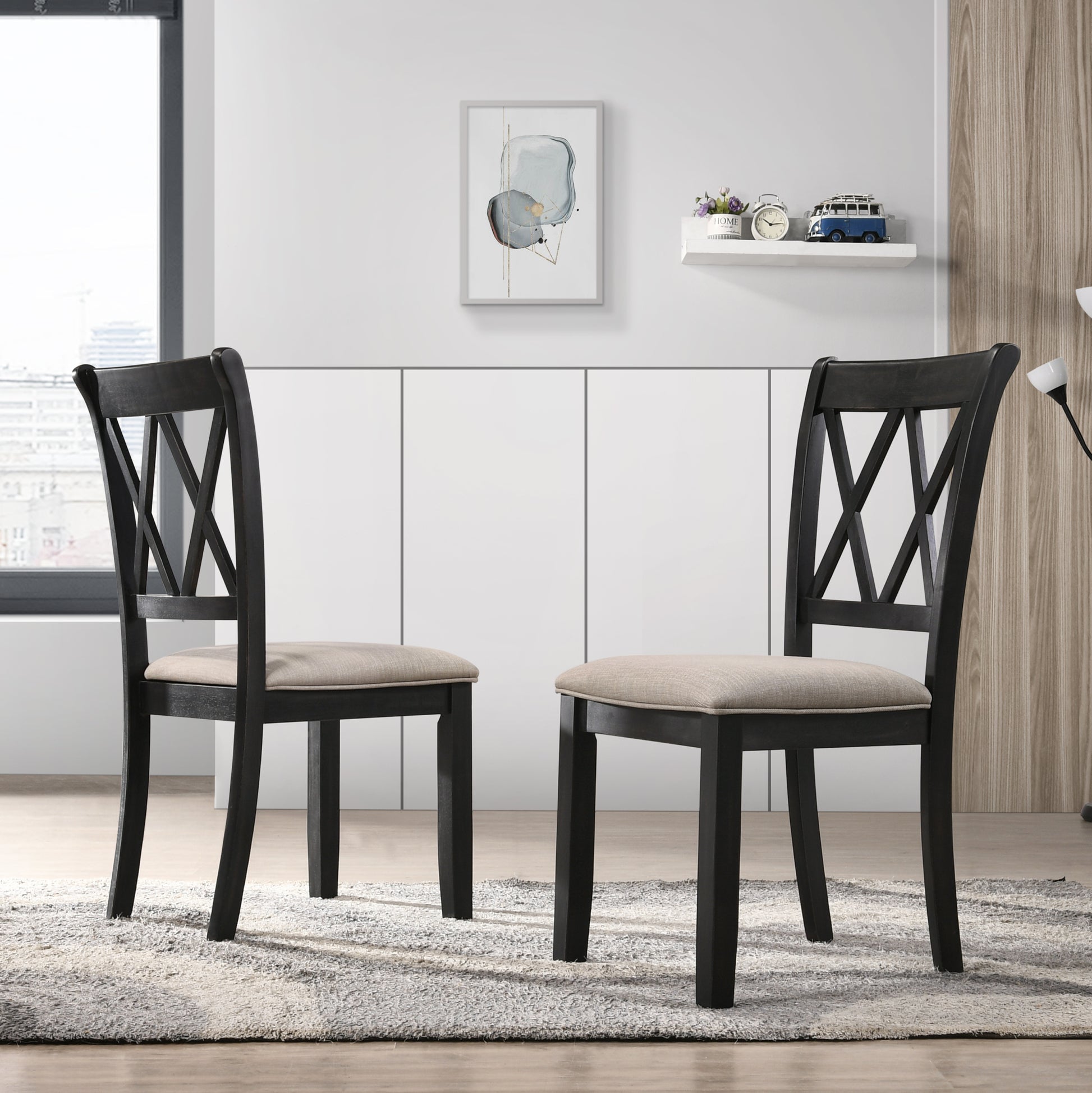 Windvale Fabric Upholstered Dining Chair In Black, Set Of 2 Black Wood