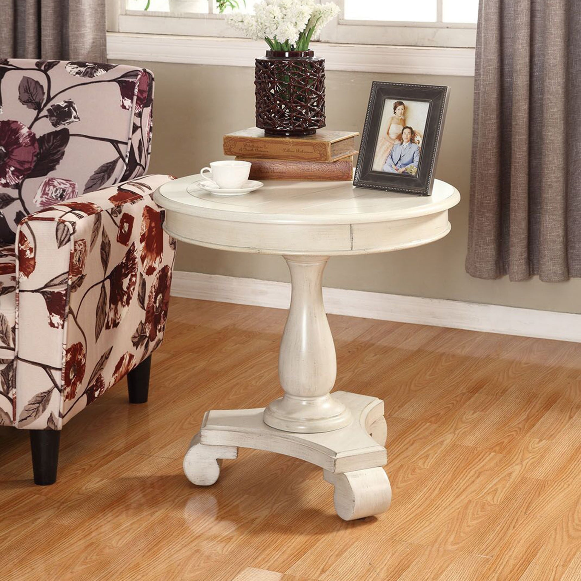 Rene Round Wood Pedestal Side Table, White White Wood