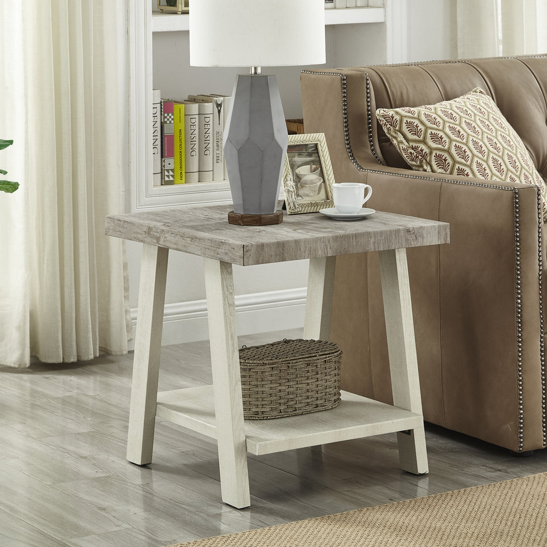 Athens Contemporary Two Tone Wood Shelf End Table In Weathered Gray And Beige Multicolor Mdf