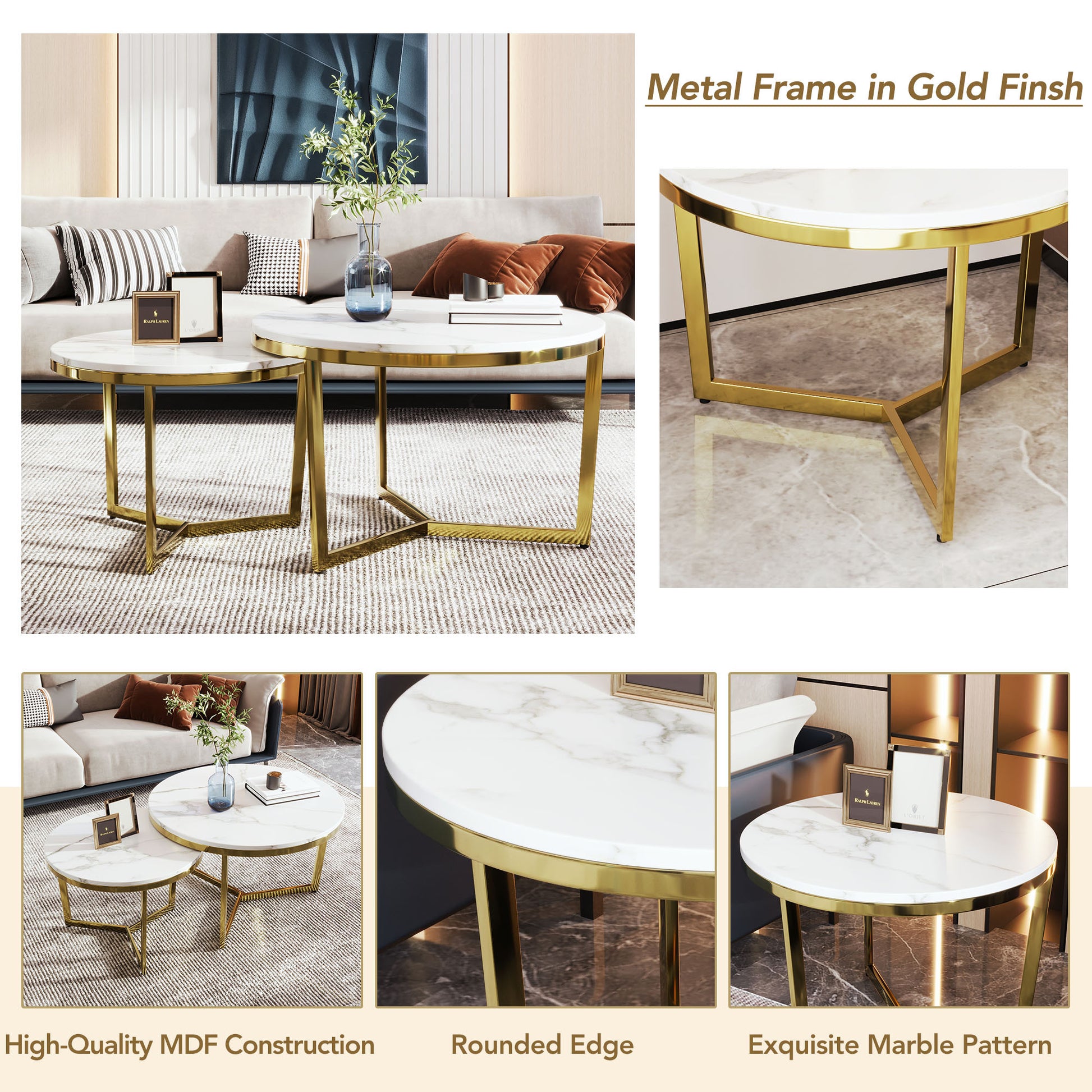 Modern Round Nesting Coffee Table Set 2 Piece White & Marbling Top Gold Base White Mdf