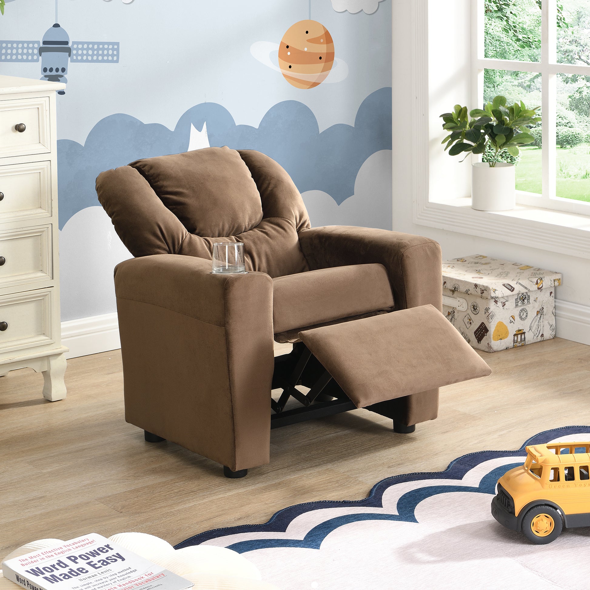 Kids Recliner Chair, Kids Upholstered Couch With One Cup Holder, Footrest, Backrest, Toddlers Velvet Recliner With Headrest And Footrest Brown Velvet