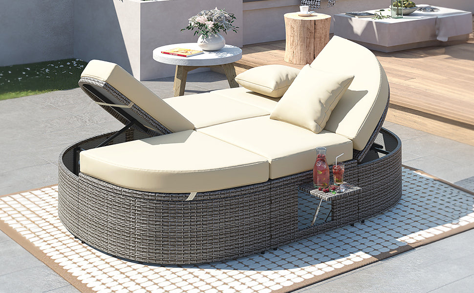 Outdoor Sun Bed Patio 2 Person Daybed With Cushions And Pillows, Rattan Garden Reclining Chaise Lounge With Adjustable Backrests And Foldable Cup Trays For Lawn, Poolside, Beige Yes Complete Patio Set Beige Weather Resistant Frame Water Resistant Cushion