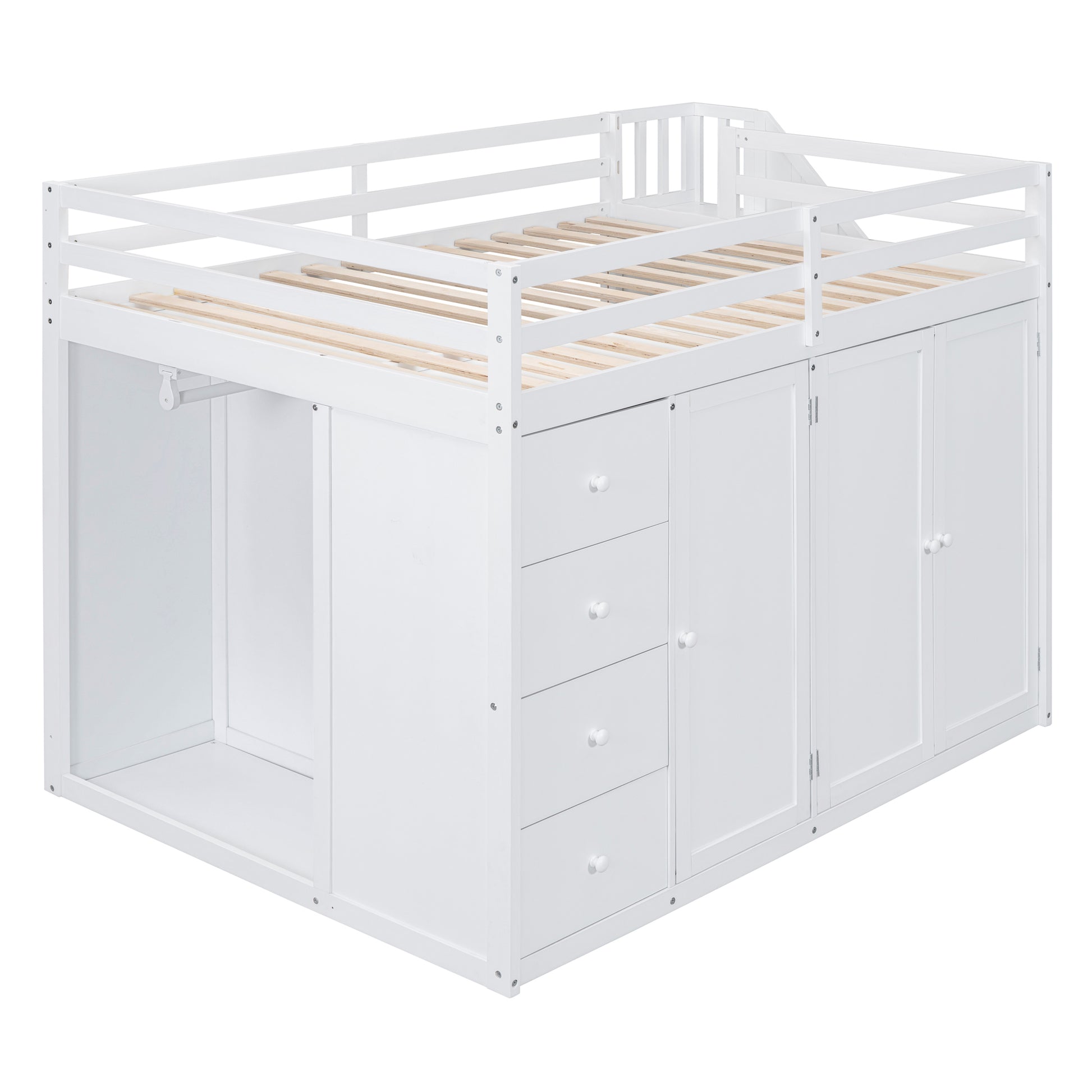 Full Size Wood Loft Bed With Built In Wardrobes, Cabinets And Drawers, White White Solid Wood Mdf
