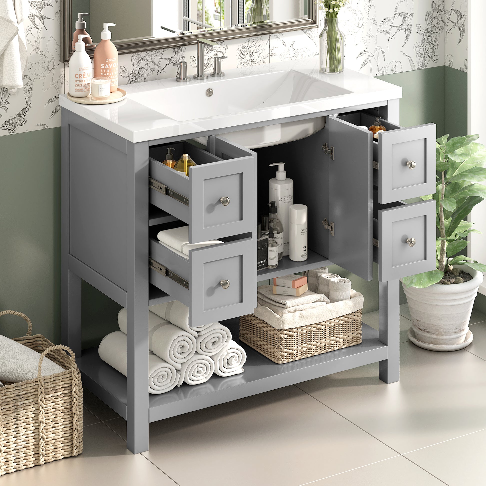 36'' Bathroom Vanity With Undermount Sink,Free Standing Vanity Set With 4 Drawers& Soft Closing Doors,Solid Wood Frame Bathroom Storage Cabinet 4 Grey 2 2 Adjustable Hinges Bathroom Freestanding Solid Wood Mdf Resin Painted