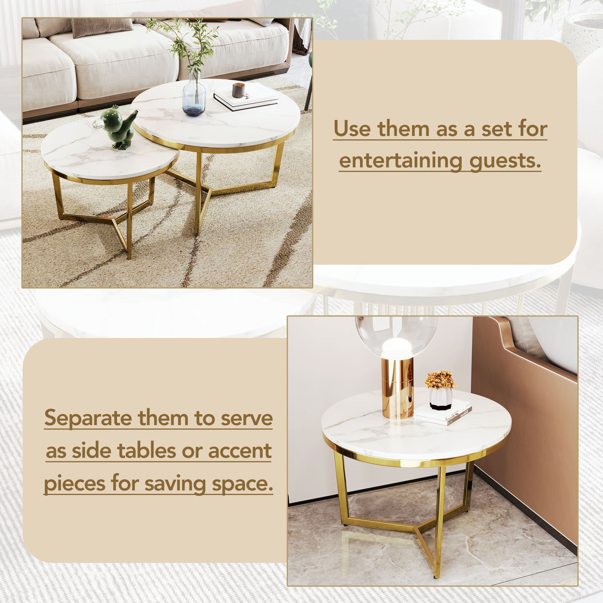 Modern Round Nesting Coffee Table Set 2 Piece White & Marbling Top Gold Base White Mdf