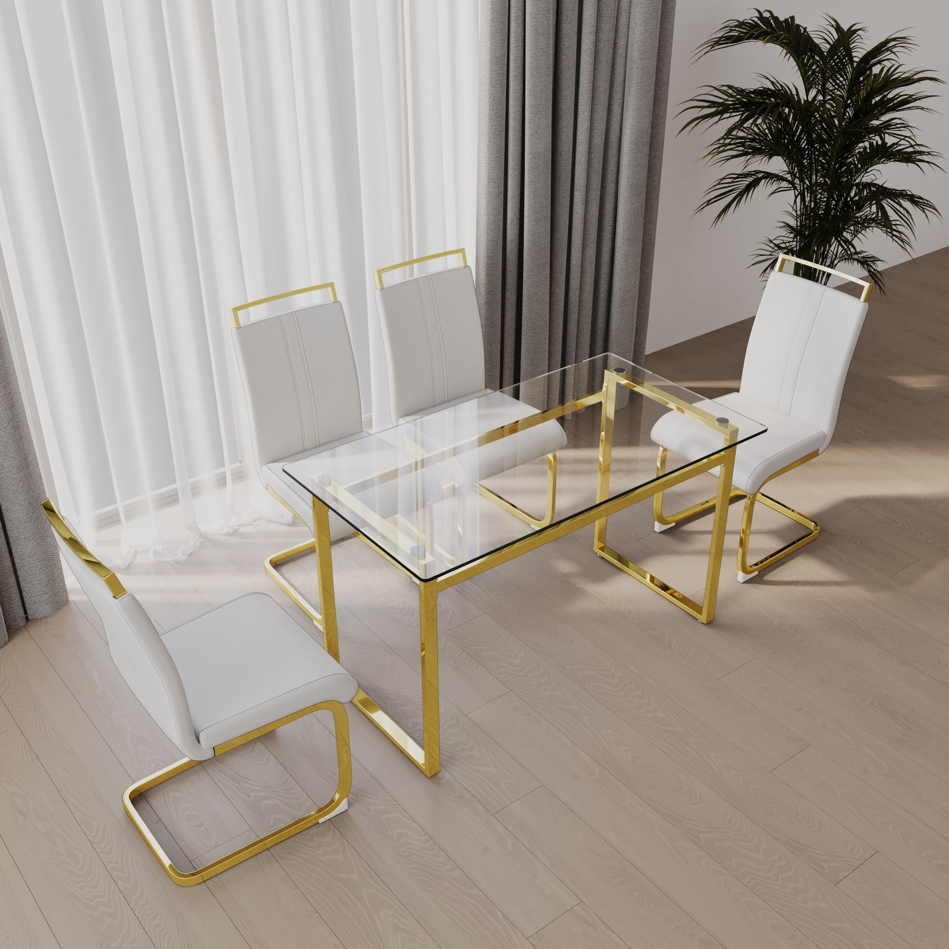 51 Inch Glass Dining Table Set For 4, Dining Table & Chair Sets With Golden Plating Legs For Kitchen, Modern Rectangle Tempered Glass Table Top And Pu Dining Armless Chair For Dining Room Transparent Glass