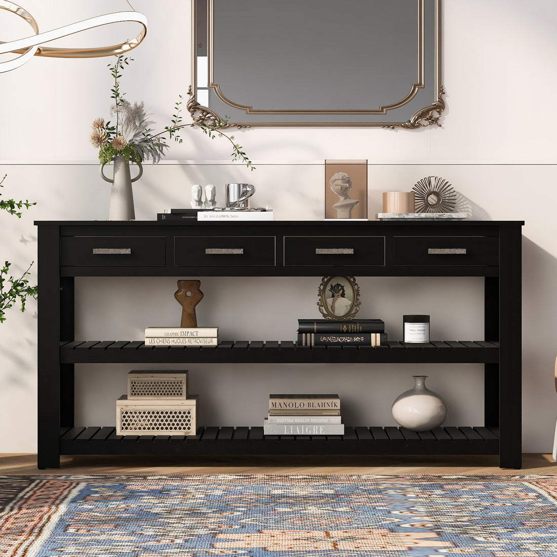 Stylish Entryway Console Table With 4 Drawers And 2 Shelves, Suitable For Entryways, Living Rooms. Black Mdf