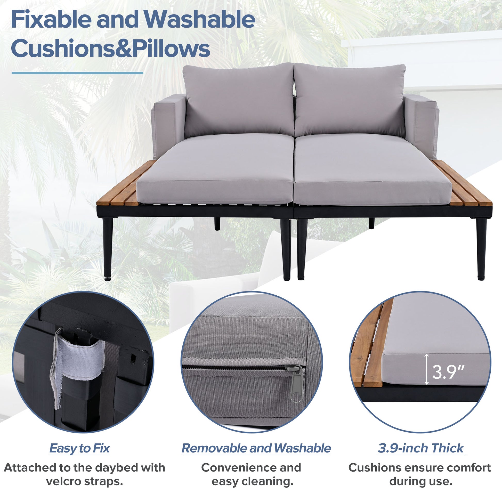 Modern Outdoor Daybed Patio Metal Daybed With Wood Topped Side Spaces For Drinks, 2 In 1 Padded Chaise Lounges For Poolside, Balcony, Deck, Gray Yes Lounge Gray Weather Resistant Frame Fade