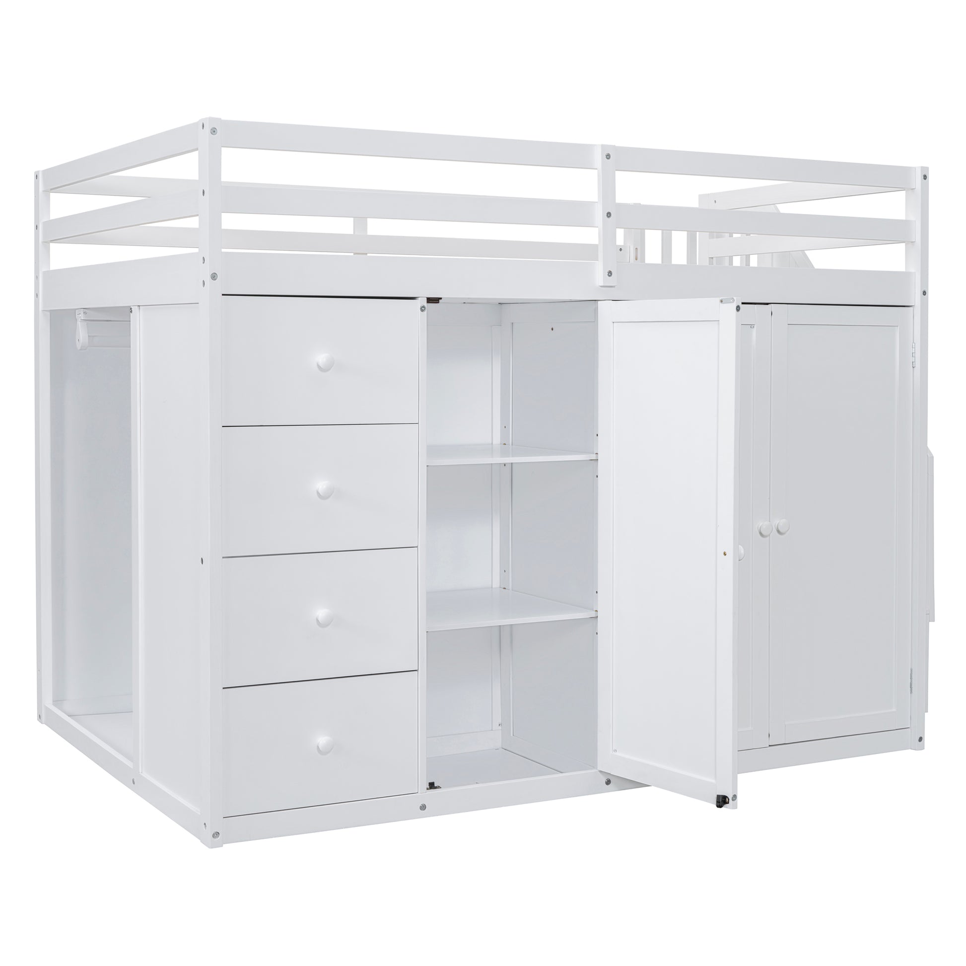 Full Size Wood Loft Bed With Built In Wardrobes, Cabinets And Drawers, White White Solid Wood Mdf