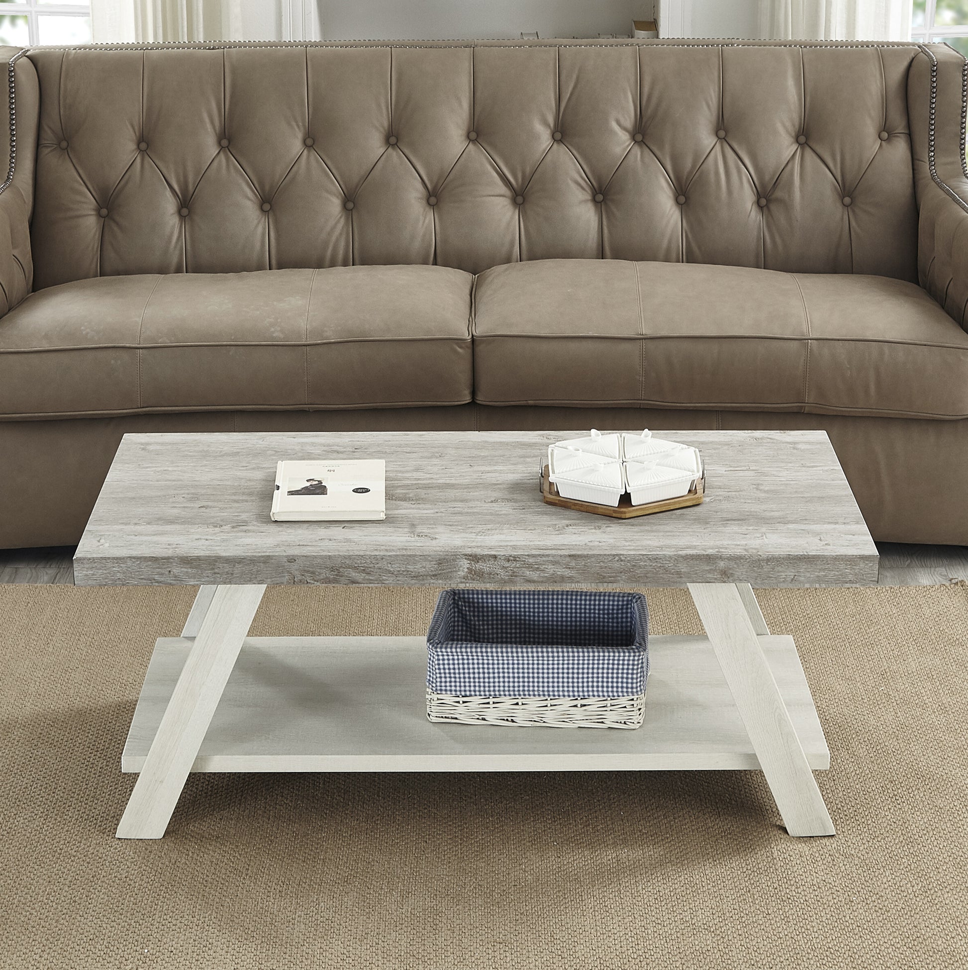 Athens Contemporary Two Tone Wood Shelf Coffee Table In Weathered Gray And Beige Multicolor Wood