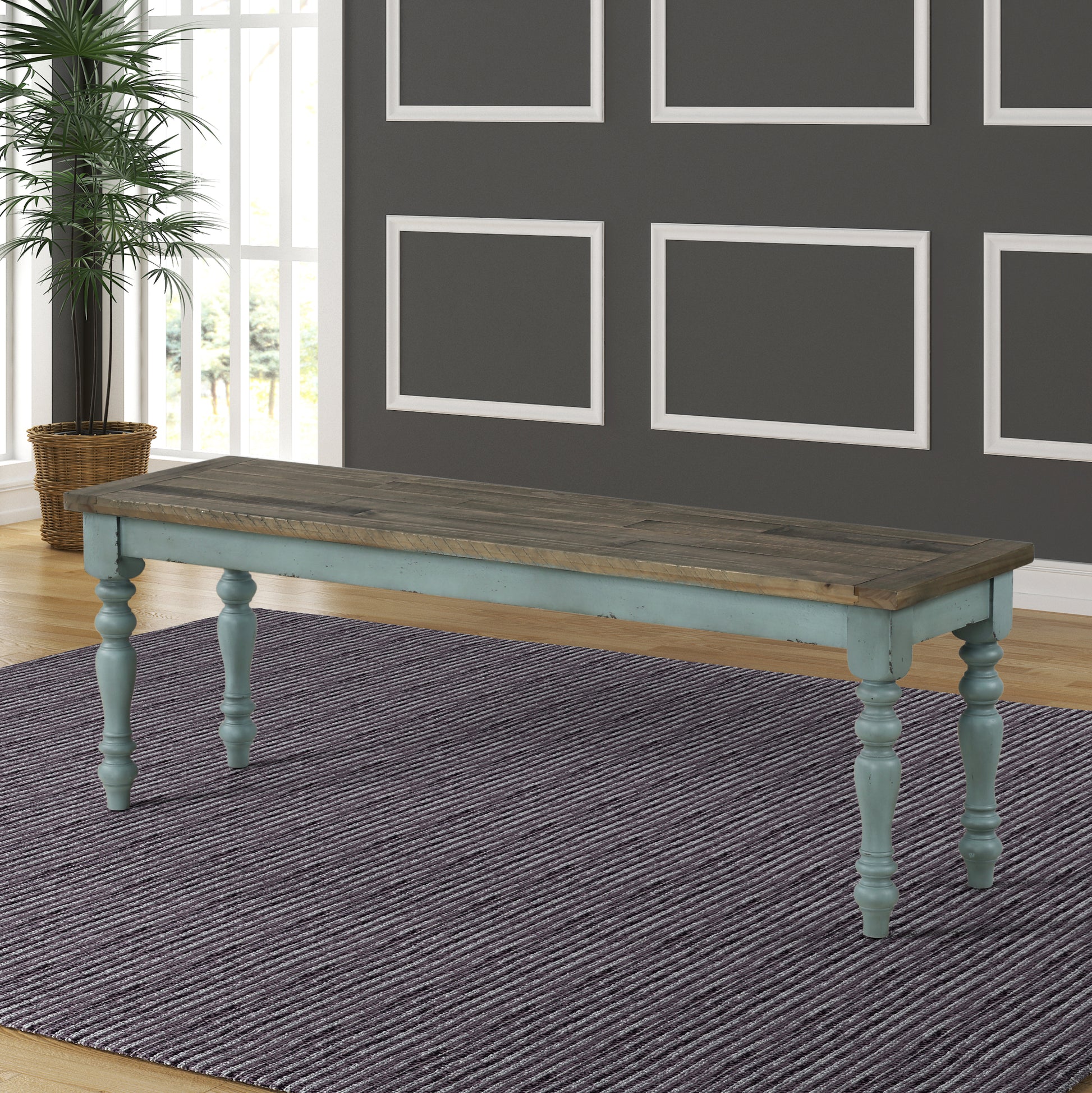 Prato Two Tone Wood Upholstered Dining Bench, Antique White And Distressed Blue White Wood