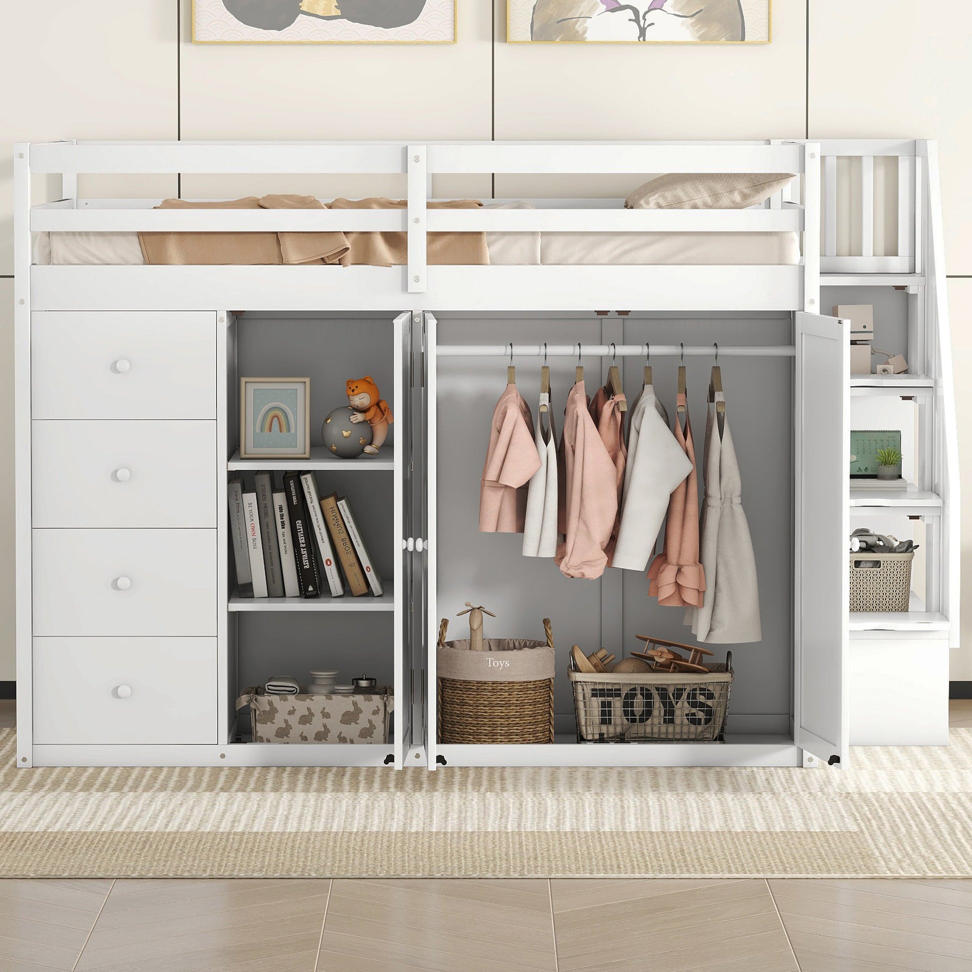 Full Size Wood Loft Bed With Built In Wardrobes, Cabinets And Drawers, White White Solid Wood Mdf