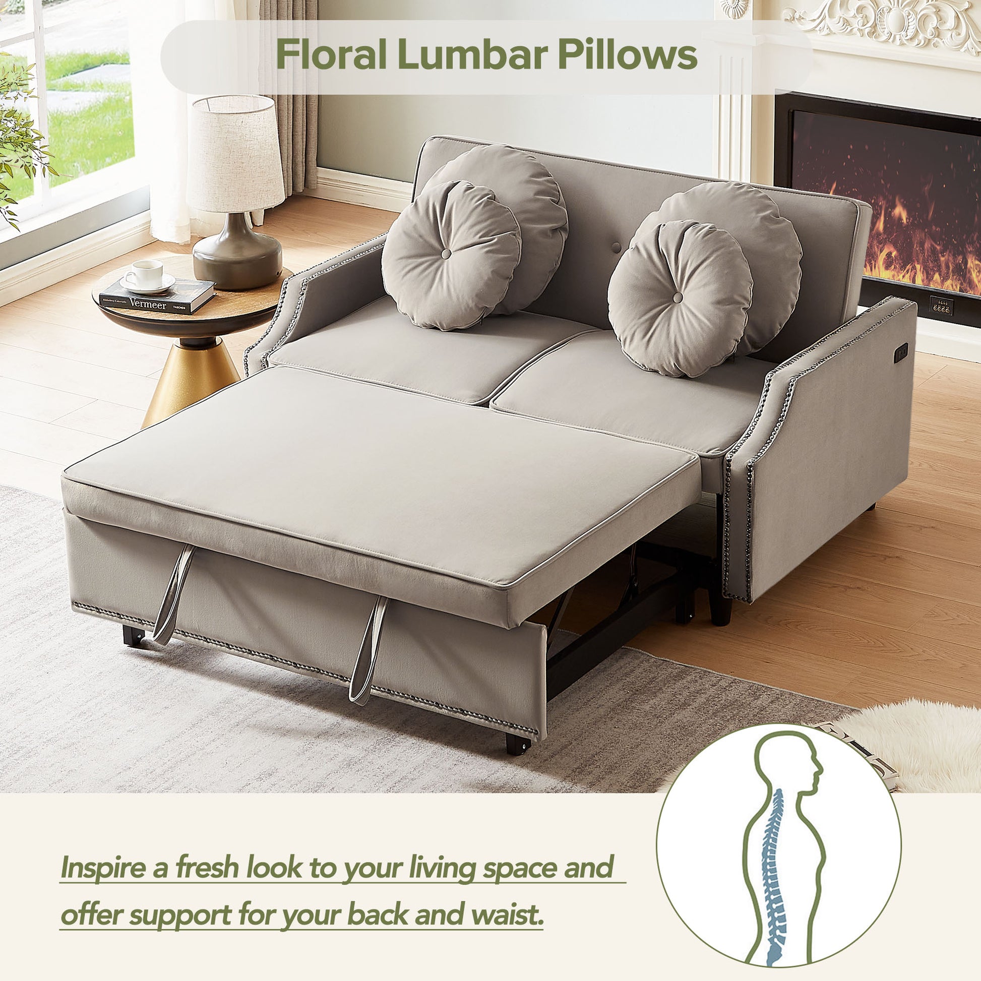 54.7" Multiple Adjustable Positions Sofa Bed Stylish Sofa Bed With A Button Tufted Backrest, Two Usb Ports And Four Floral Lumbar Pillows For Living Room, Bedroom,Or Small Space, Coffee Coffee Foam Polyester 2 Seat