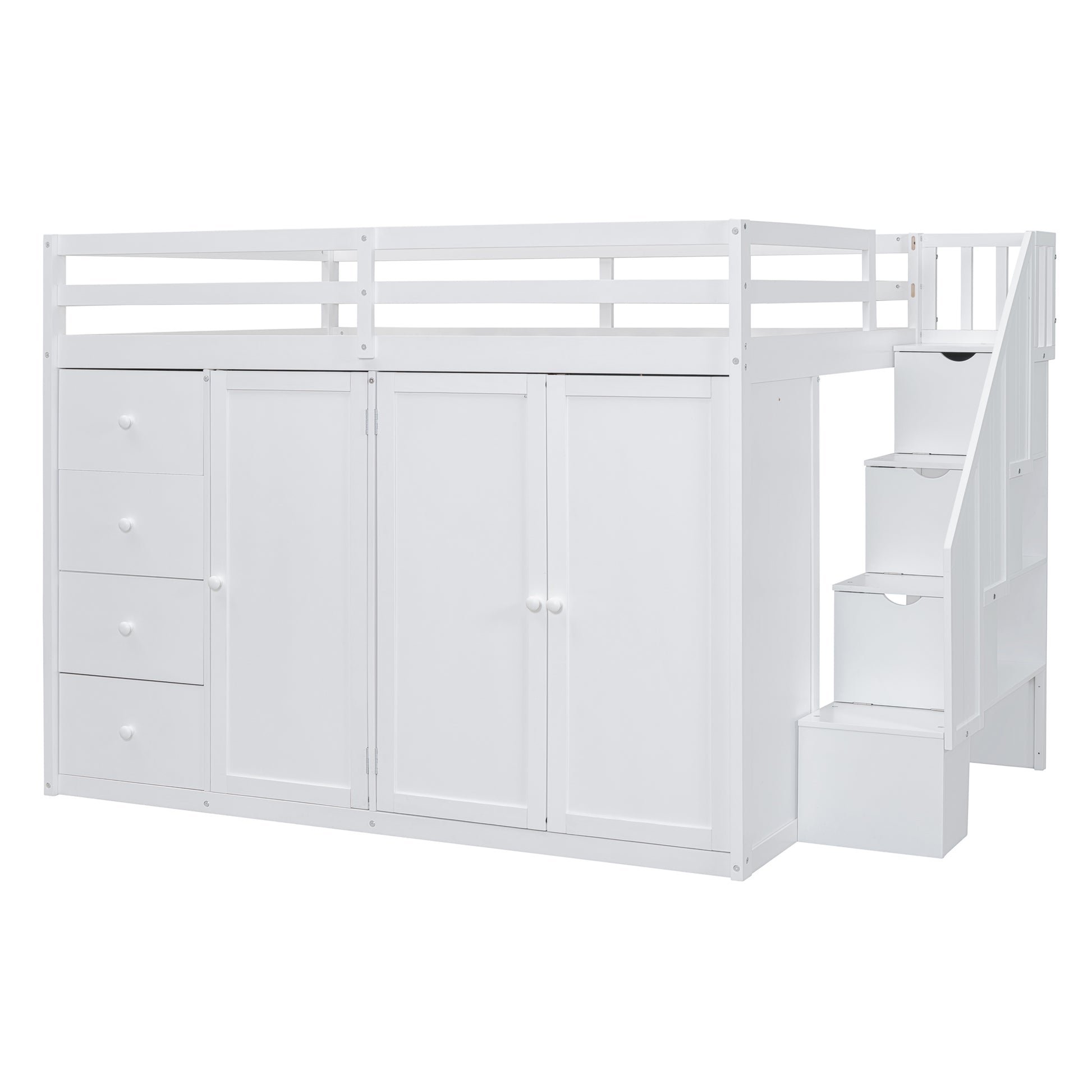 Full Size Wood Loft Bed With Built In Wardrobes, Cabinets And Drawers, White White Solid Wood Mdf