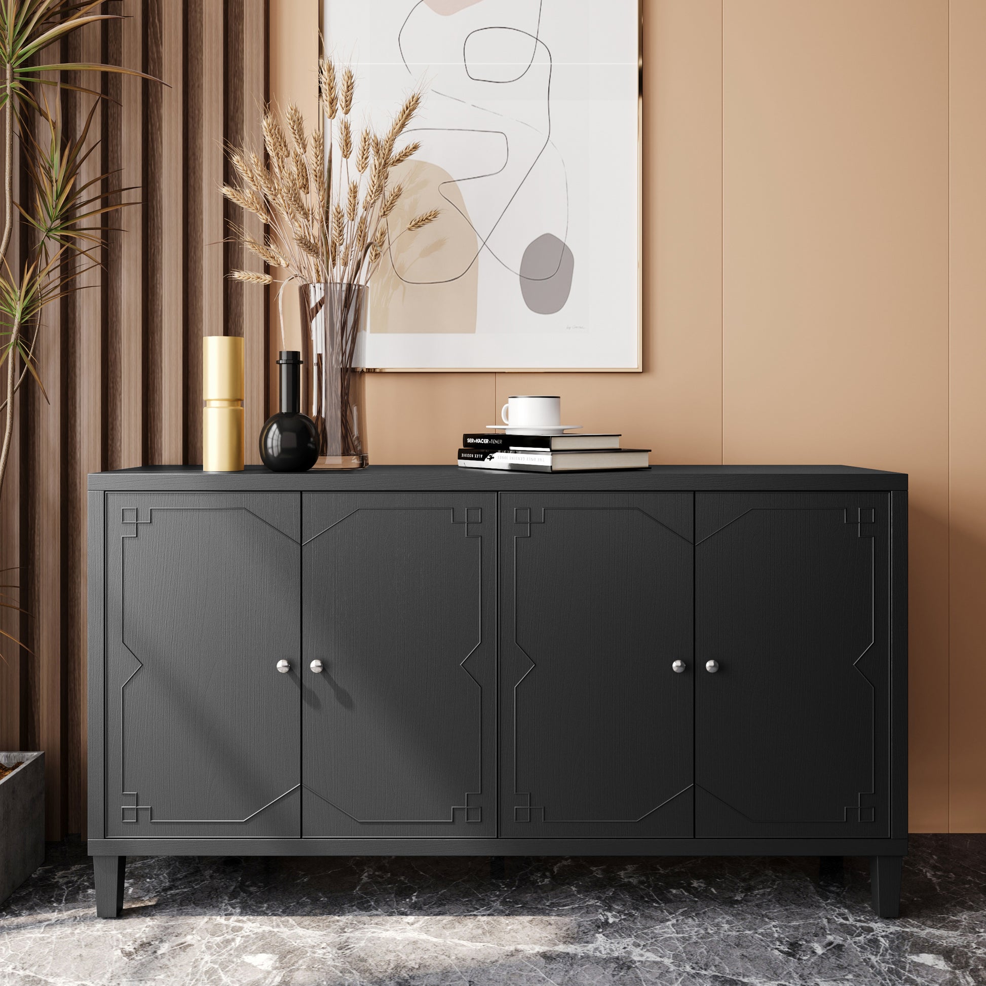 Accent Cabinet 4 Door Wooden Cabinet Sideboard Buffet Server Cabinet Storage Cabinet, For Living Room, Entryway, Hallway, Office, Kitchen And Dining Room, Matte Black Matte Matte Black Solid Wood Mdf