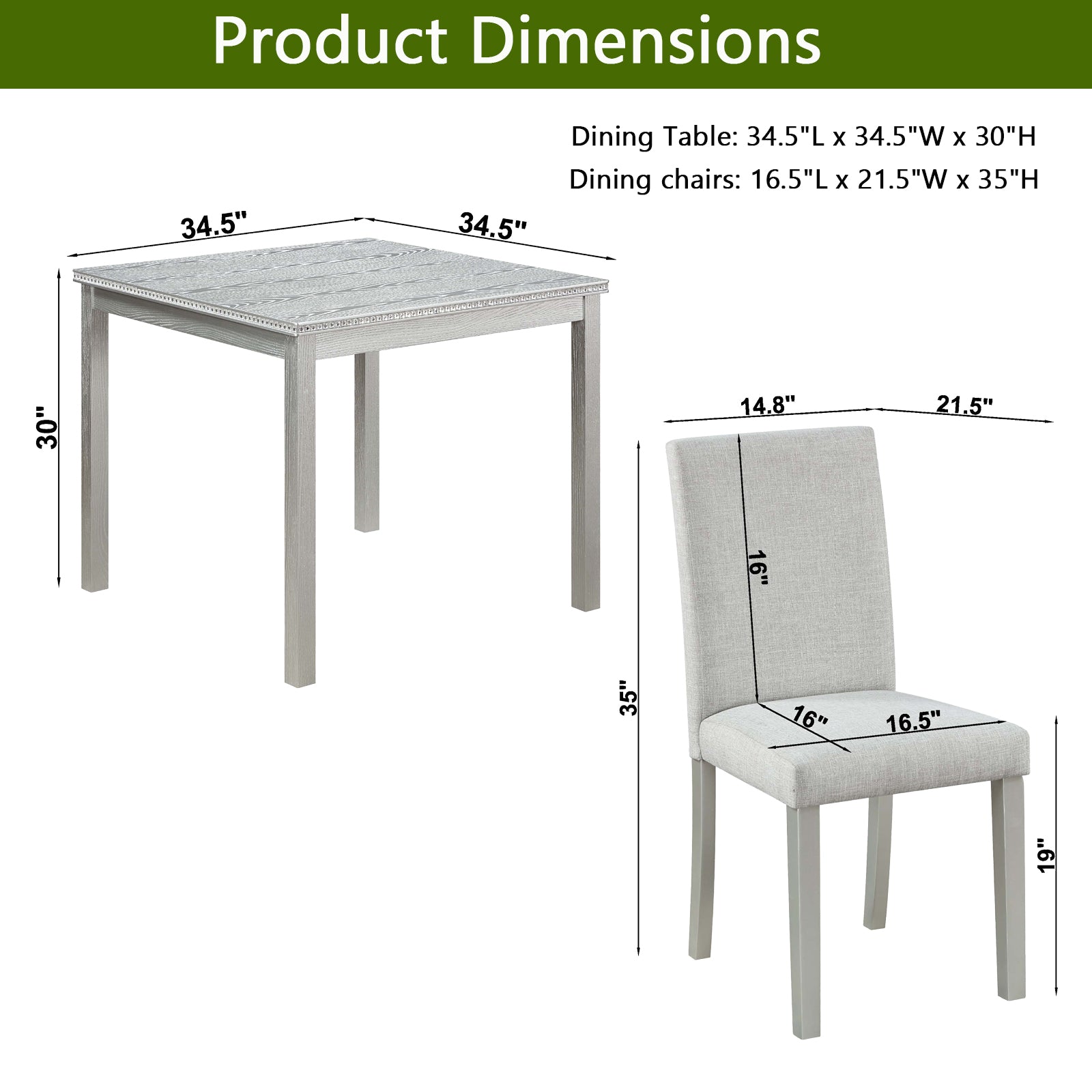 5 Piece Wooden Dining Table Set, Kitchen Table Set With A Square Table And 4 Upholstered Chairs, Wooden Dining Room Table With Crystal Decoration And Chairs Set For Kitchen, Dining Room, Silver Grey Beige Silver Gray Seats 4 Dining Room 4 Leg Square