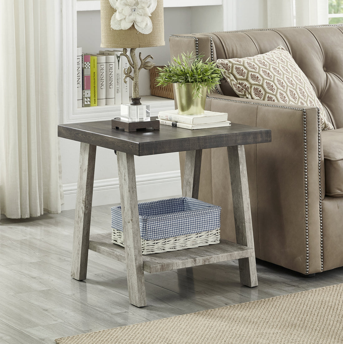 Athens Contemporary Two Tone Wood Shelf End Table In Weathered Walnut And Gray Multicolor Mdf