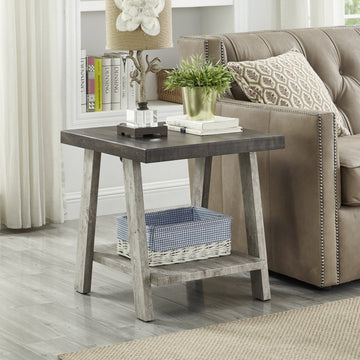 Athens Contemporary Two Tone Wood Shelf End Table In Weathered Walnut And Gray Multicolor Mdf