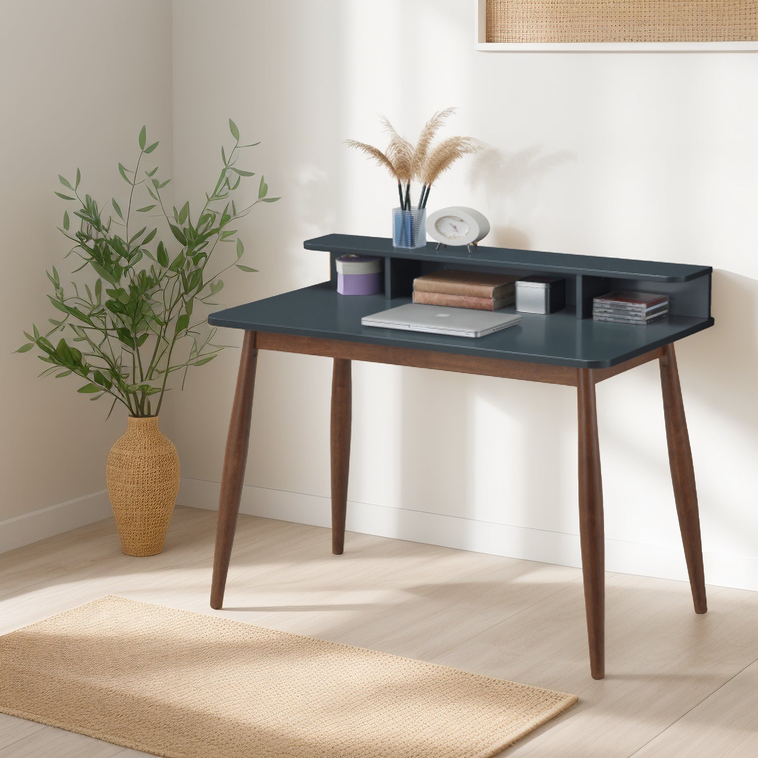 Roskilde Mid Century Modern Wood Writing Desk with grey-rubber wood