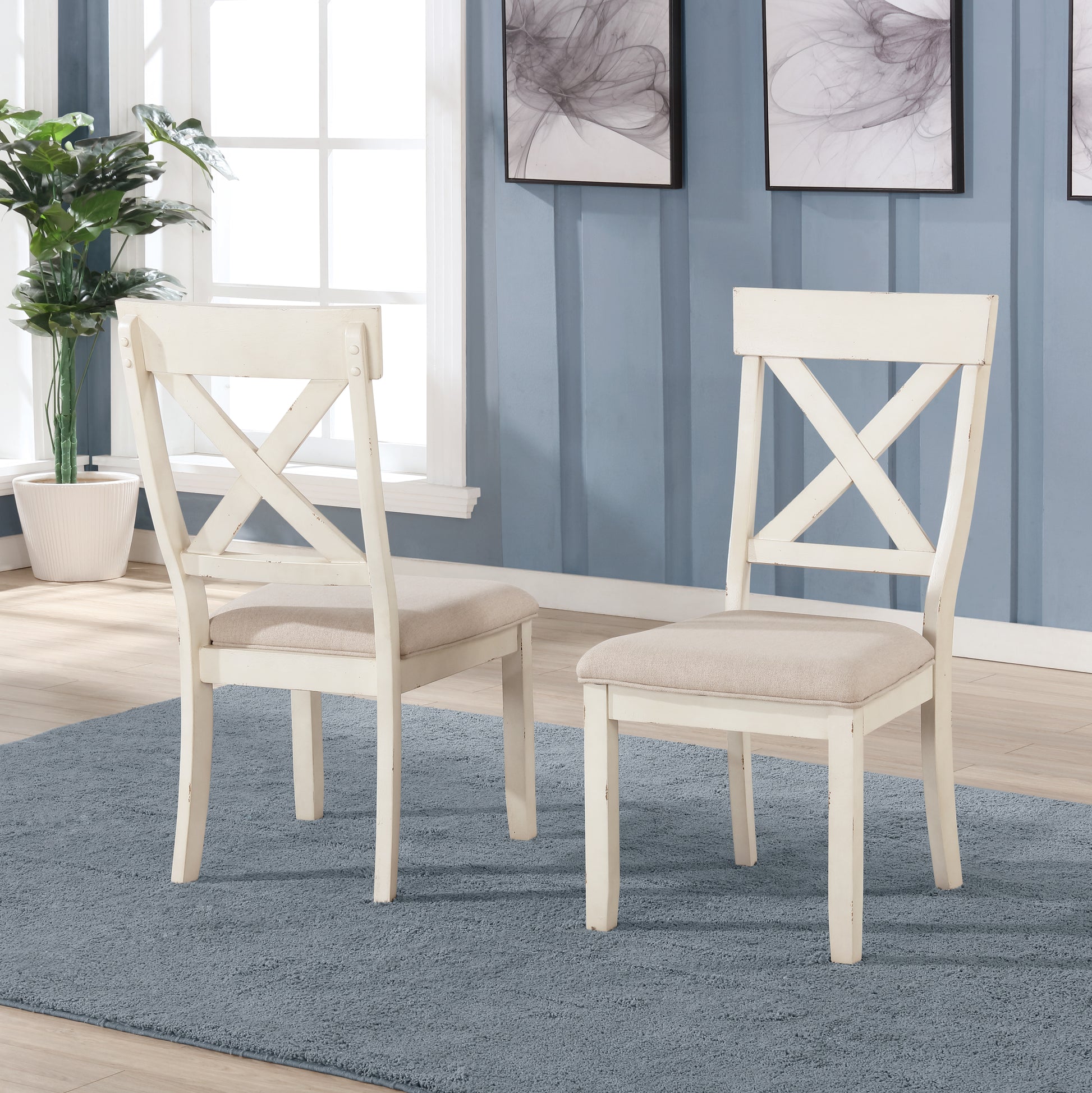 Prato Wood Cross Back Upholstered Dining Chairs, Set Of 2, Antique White White Wood