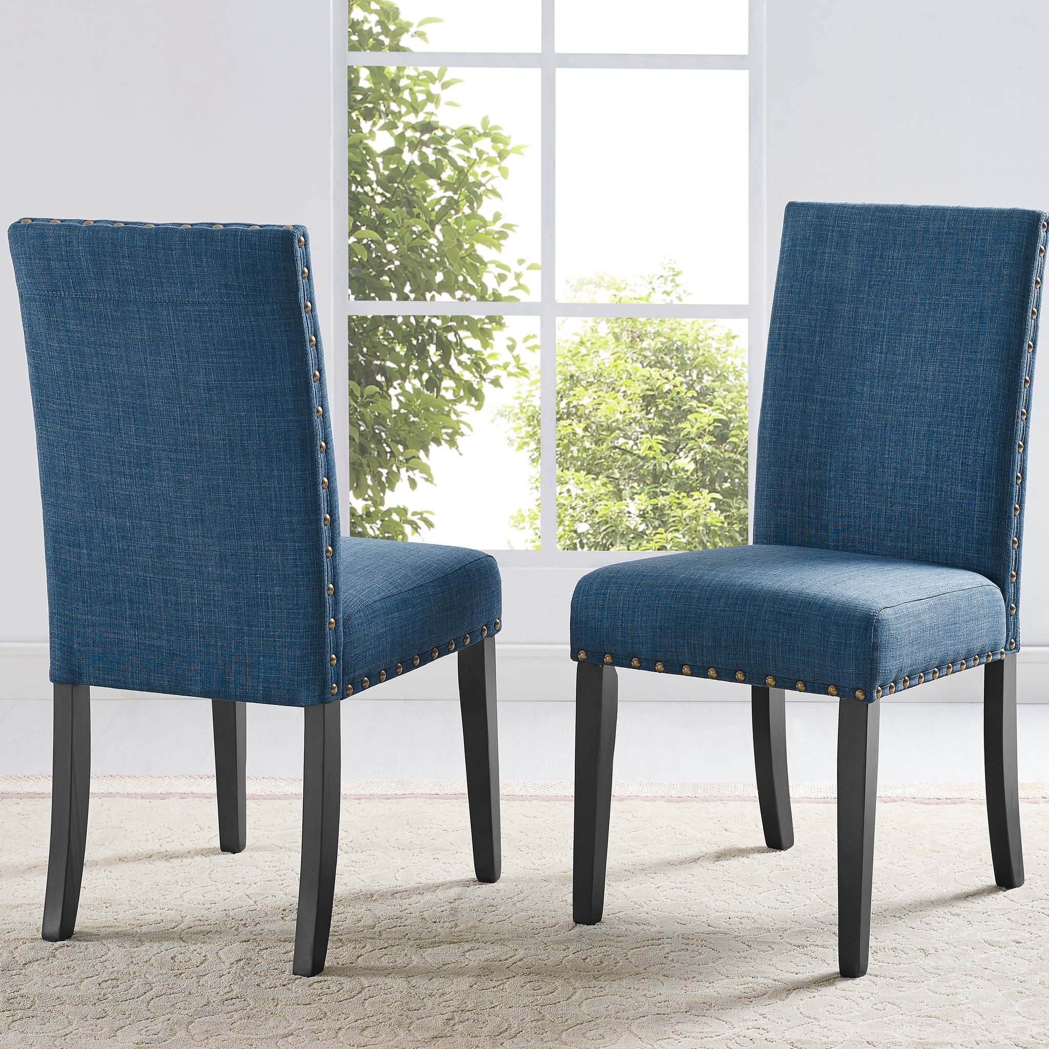 Biony Fabric Dining Chairs With Trim, Set Of 2, Blue Blue Polyester