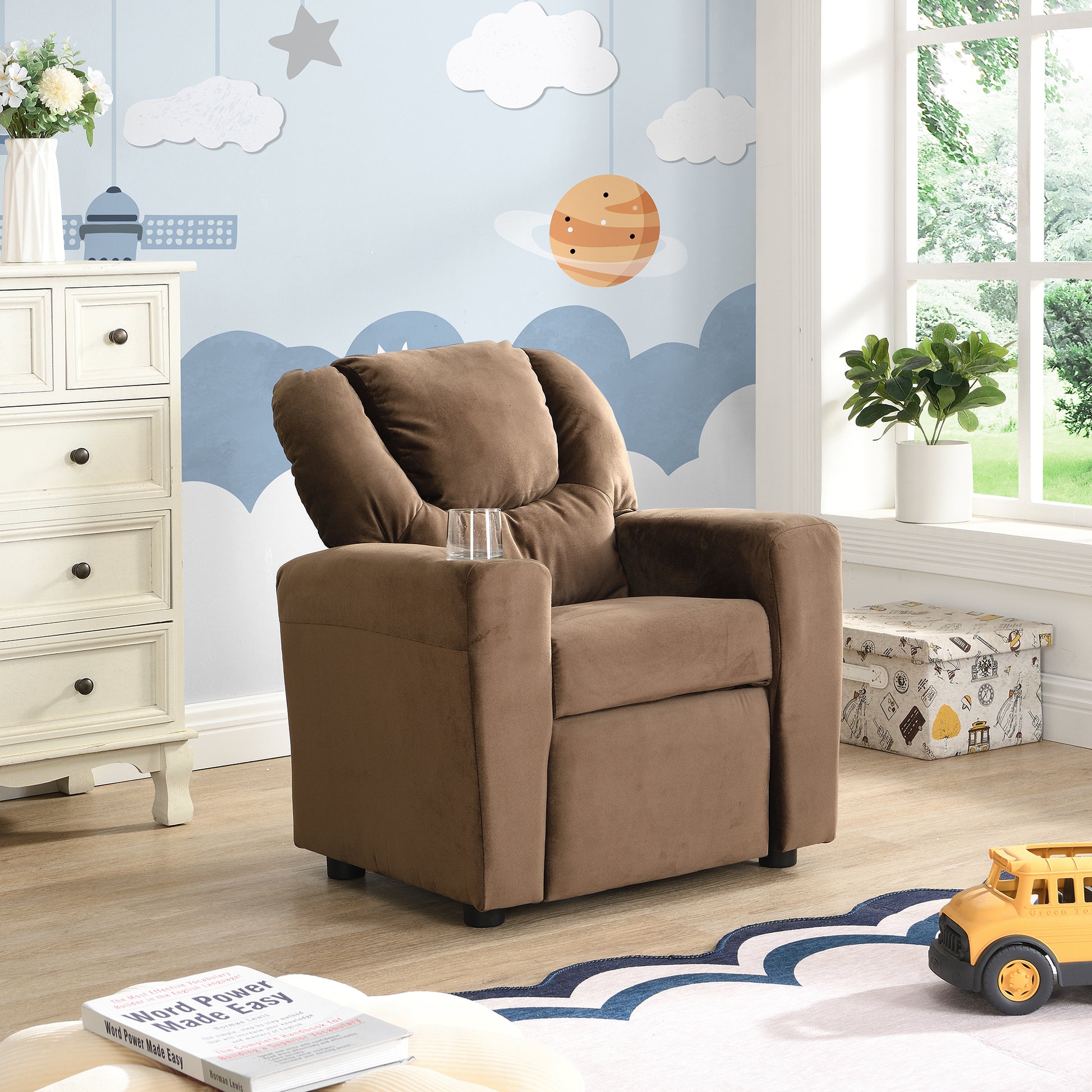 Kids Recliner Chair, Kids Upholstered Couch With One Cup Holder, Footrest, Backrest, Toddlers Velvet Recliner With Headrest And Footrest Brown Velvet