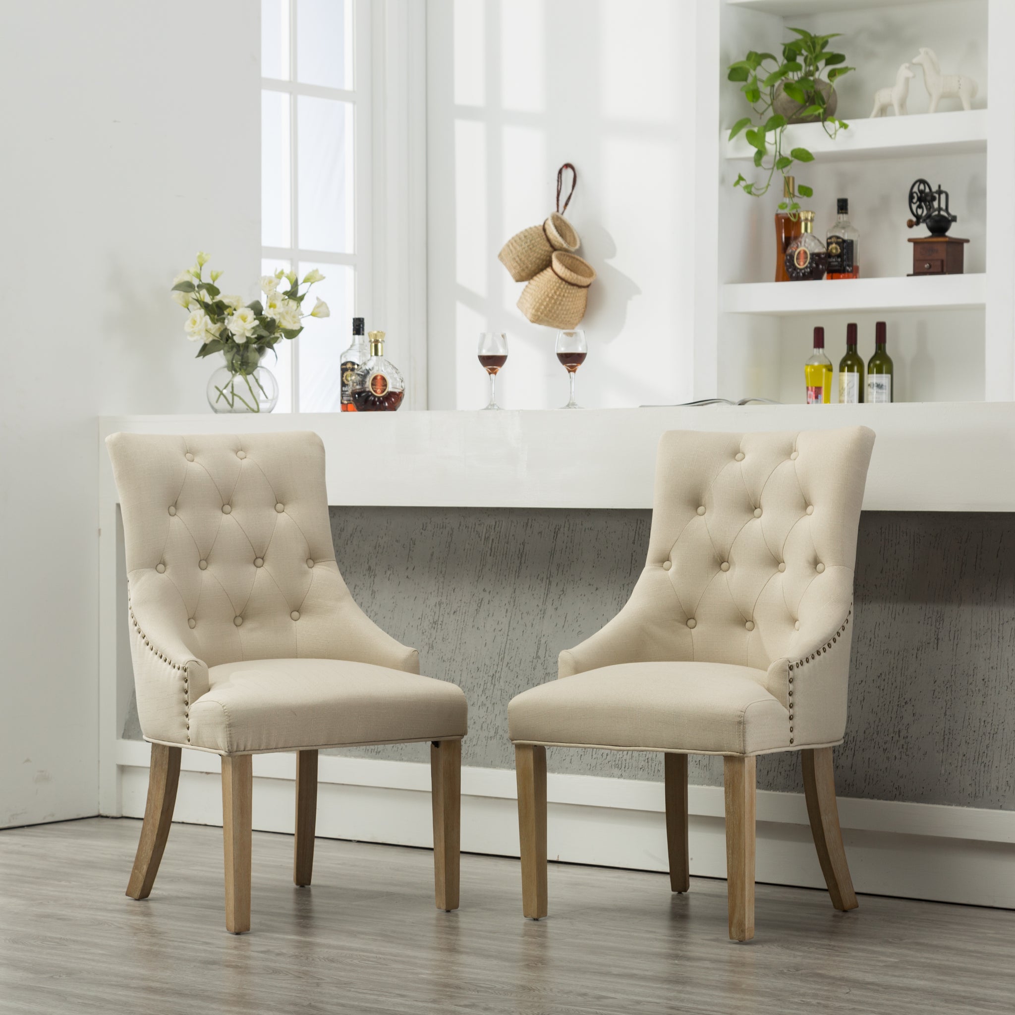 Tan Button Tufted Solid Wood Wingback Hostess Chairs With Nail Heads Set Of 2 Tan Polyester