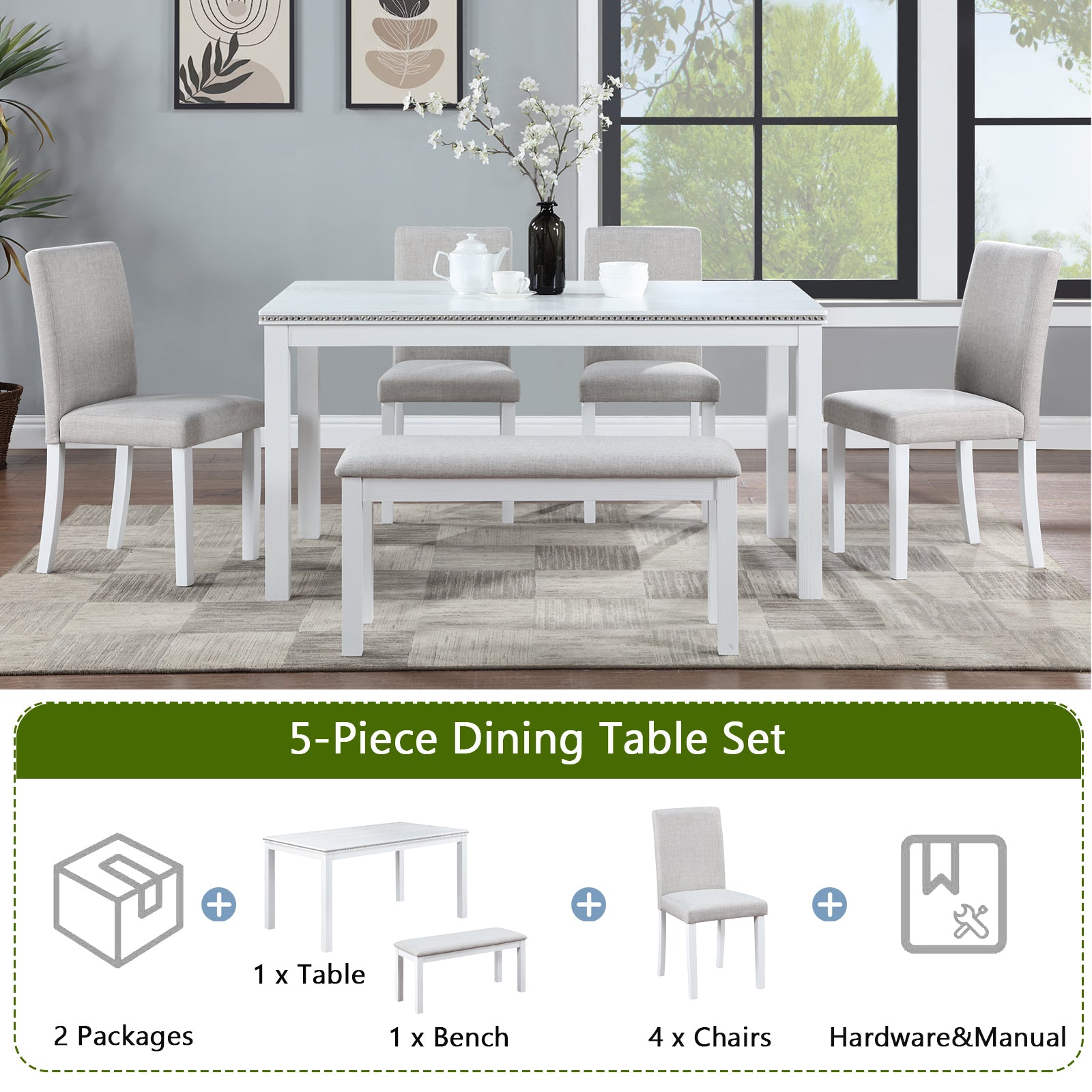 Wooden Dining Rectangular Table With Bench, Kitchen Table With Bench For Small Space, 6 Person Dining Table, White Beige White Seats 6 Dining Room Rectangular 4 Leg Rectangular Dining Table With Chair And Bench Solid Wood Mdf