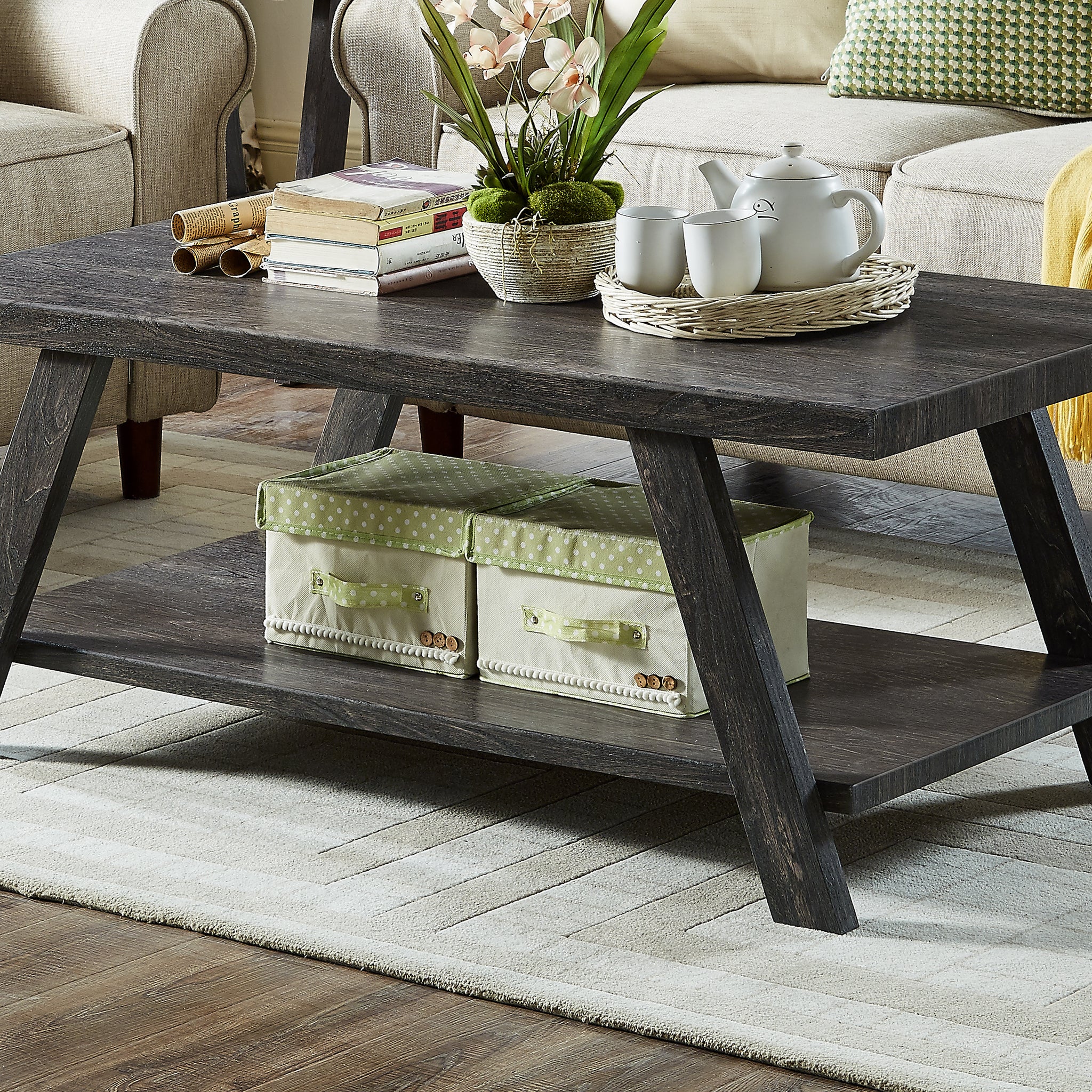 Athens Contemporary Replicated Wood Shelf Coffee Table In Charcoal Finish Charcoal Wood