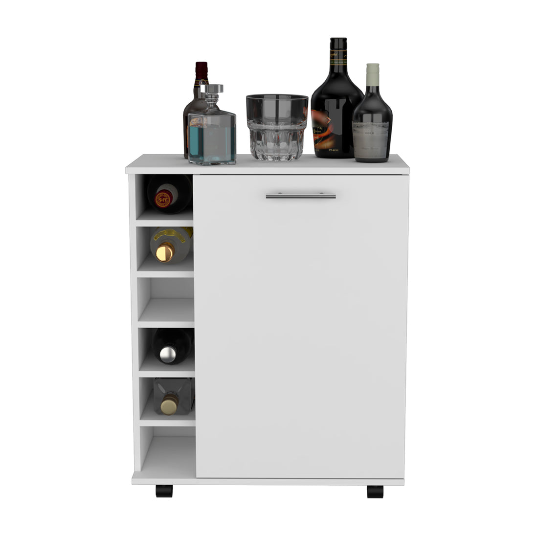 Bar Coffee Cart 32" H, Kitchen Or Living Room Cabinet Storage With 4 Wheels, With 6 Bottle Racks, A Central Shelf Covered By 1 Door, Ideal For Storing Glasses And Snacks, White White Particle Board Particle Board