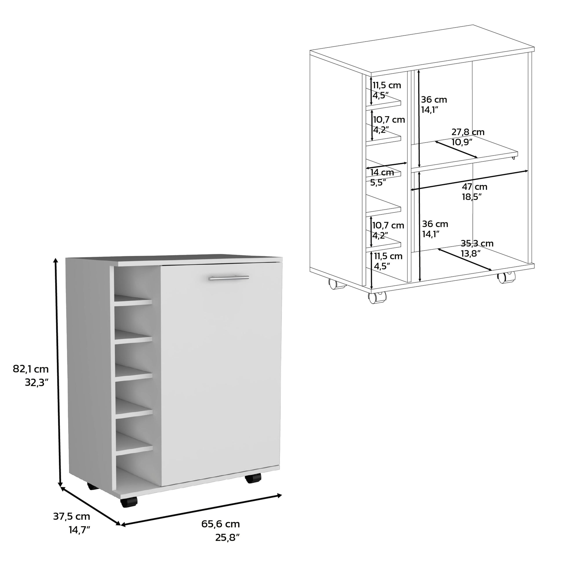 Bar Coffee Cart 32" H, Kitchen Or Living Room Cabinet Storage With 4 Wheels, With 6 Bottle Racks, A Central Shelf Covered By 1 Door, Ideal For Storing Glasses And Snacks, White White Particle Board Particle Board