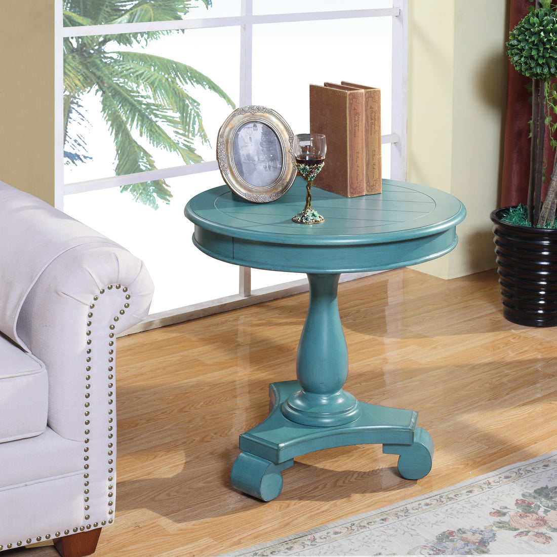 Rene Round Wood Pedestal Side Table, Teal Teal Wood