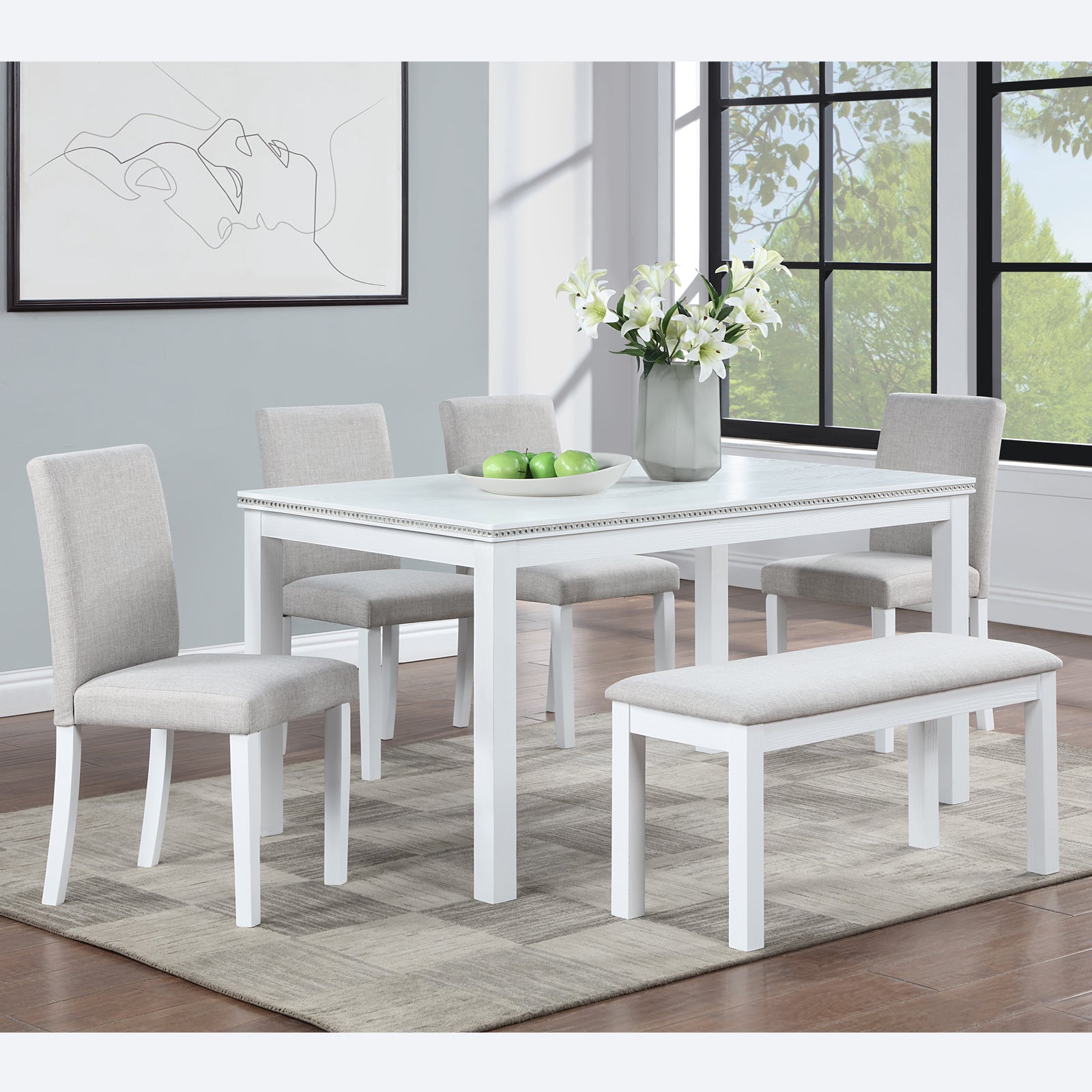 Wooden Dining Rectangular Table With Bench, Kitchen Table With Bench For Small Space, 6 Person Dining Table, White Beige White Seats 6 Dining Room Rectangular 4 Leg Rectangular Dining Table With Chair And Bench Solid Wood Mdf