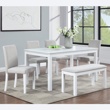 Wooden Dining Rectangular Table With Bench, Kitchen Table With Bench For Small Space, 6 Person Dining Table, White Beige White Seats 6 Dining Room Rectangular 4 Leg Rectangular Dining Table With Chair And Bench Solid Wood Mdf