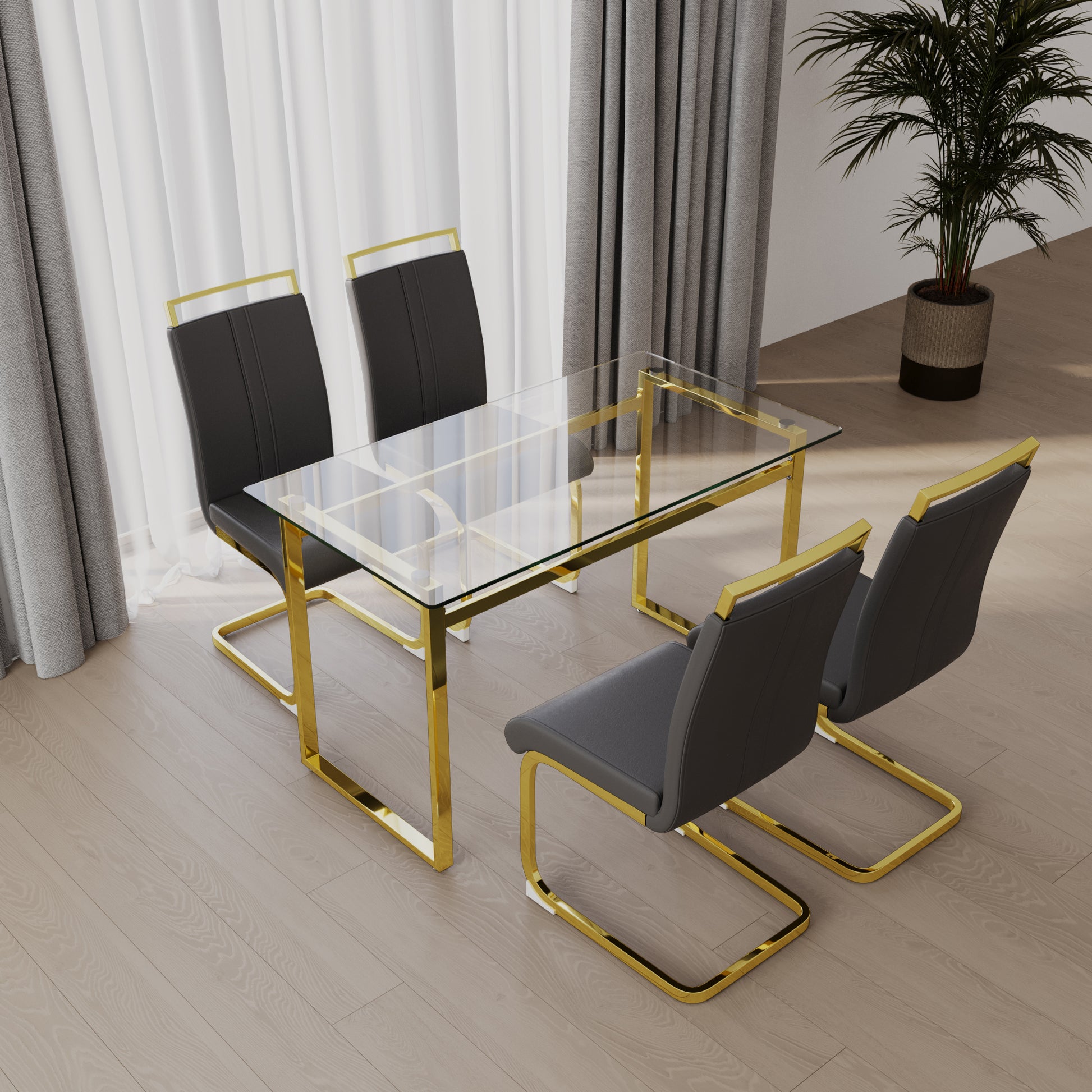 51 Inch Glass Dining Table Set For 4, Dining Table & Chair Sets With Golden Plating Legs For Kitchen, Modern Rectangle Tempered Glass Table Top And Pu Dining Armless Chair For Dining Room Transparent Glass