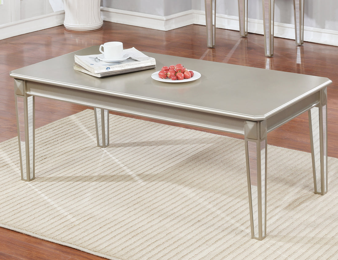 Barent Contemporary Wood Coffee Table With Mirrored Legs, Champagne Silver Mdf