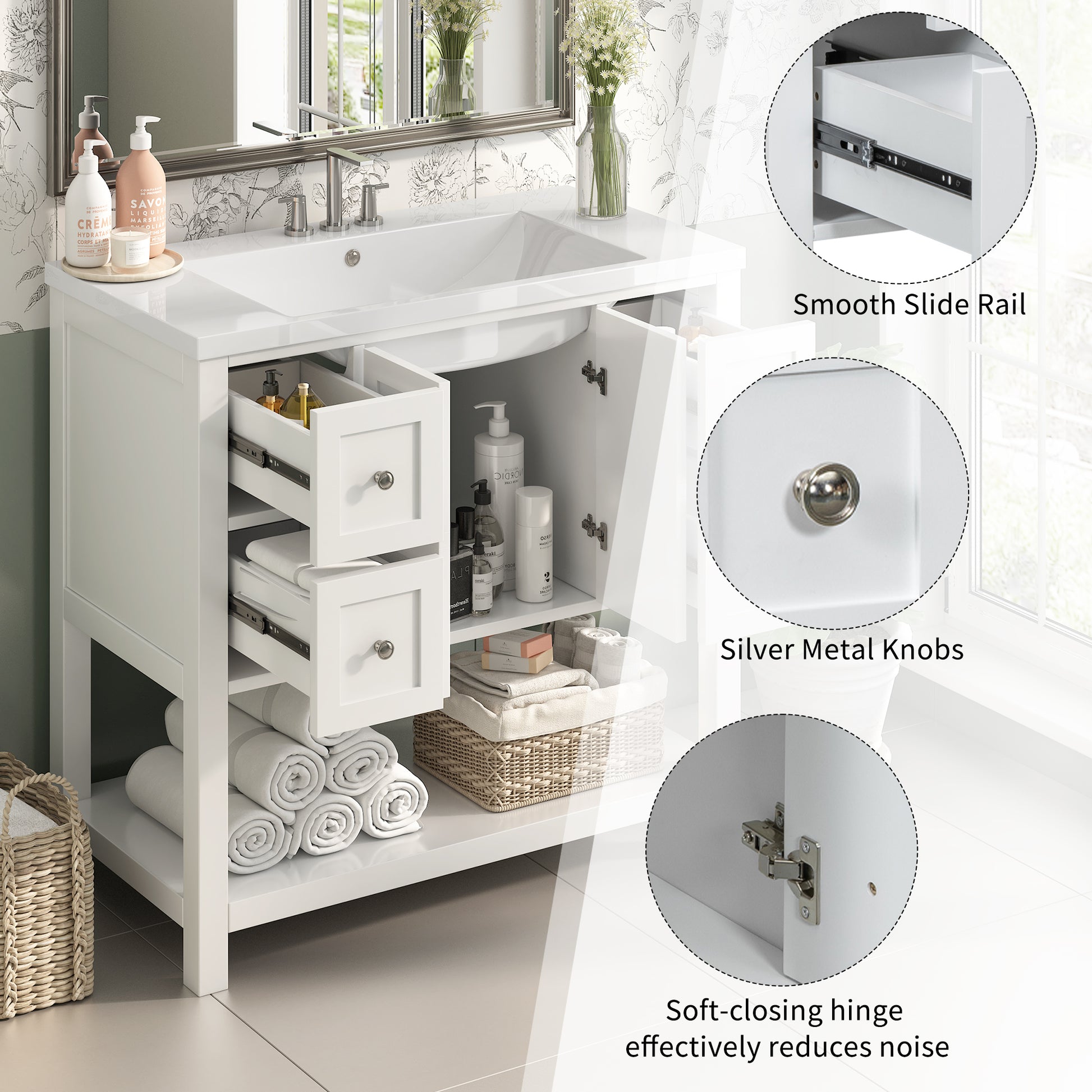 36'' Bathroom Vanity With Undermount Sink,Free Standing Vanity Set With 4 Drawers& Soft Closing Doors,Solid Wood Frame Bathroom Storage Cabinet 4 White 2 2 Adjustable Hinges Bathroom Freestanding Solid Wood Mdf Resin Painted