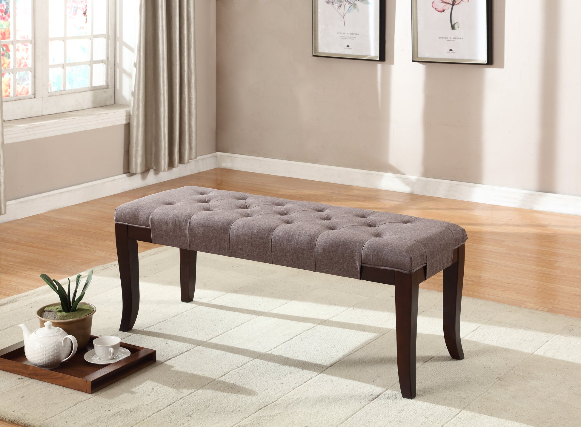 Linon Tufted Bench, Fabric, Brown Brown Polyester Blend