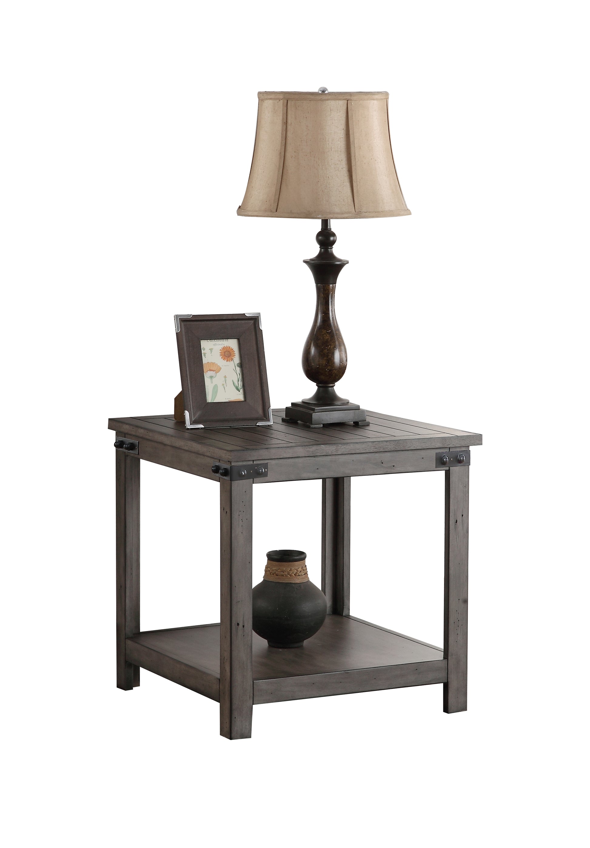 Storehouse End Table, No Assembly Required, Smoked Grey Finish Greige Gray Primary Living Space Farmhouse,Industrial,Rustic Freestanding Square Shelves Coffee & End Tables Square Wood