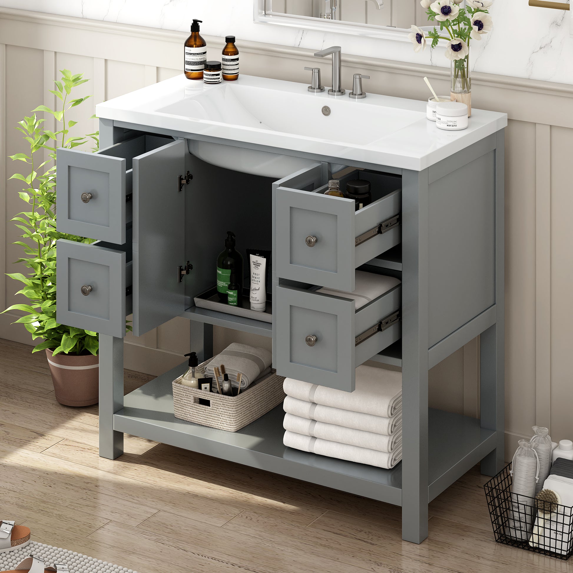 36'' Bathroom Vanity With Undermount Sink,Free Standing Vanity Set With 4 Drawers& Soft Closing Doors,Solid Wood Frame Bathroom Storage Cabinet 4 Grey 2 2 Adjustable Hinges Bathroom Freestanding Solid Wood Mdf Resin Painted