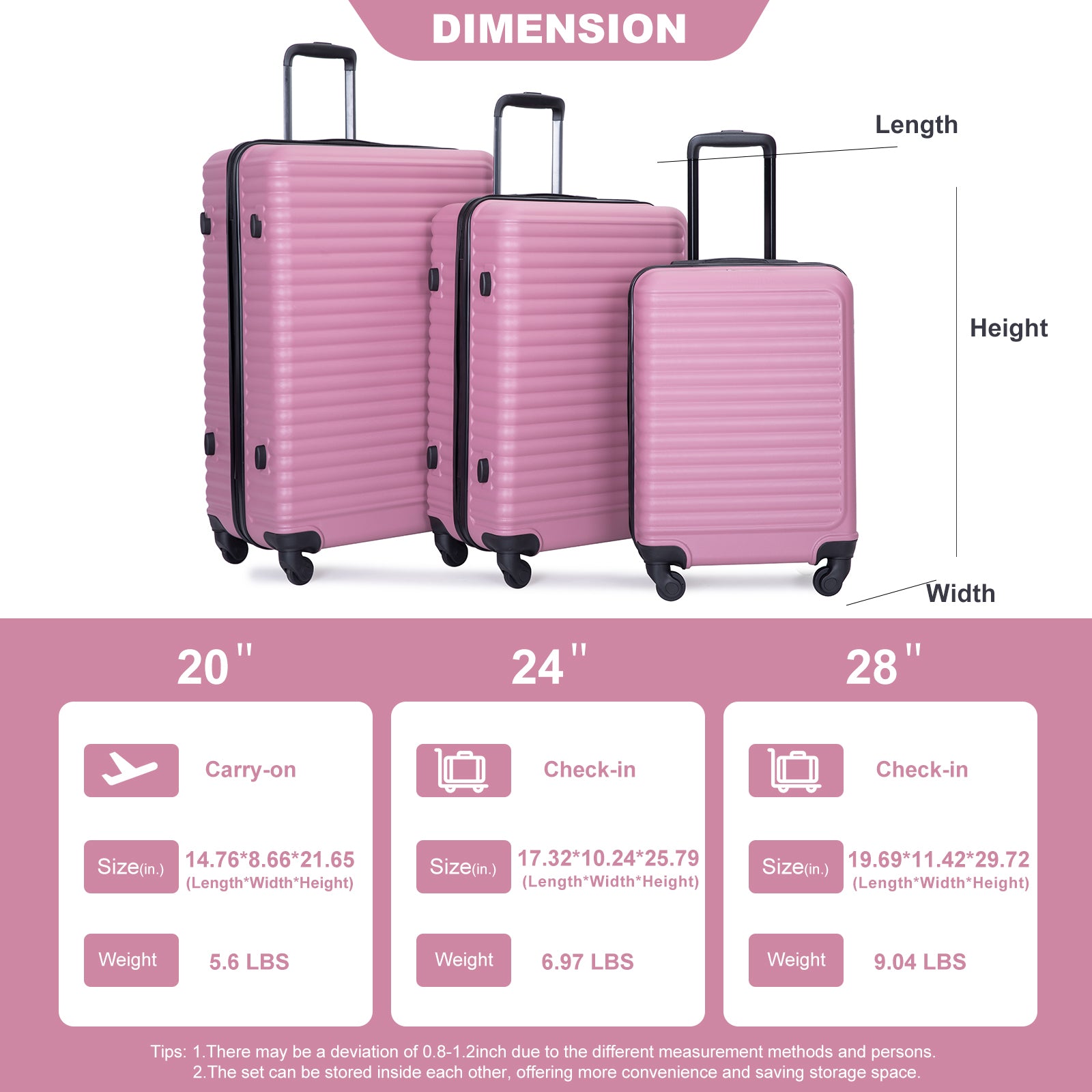 3 Piece Luggage Sets ABS Lightweight Suitcase with Two pink-abs
