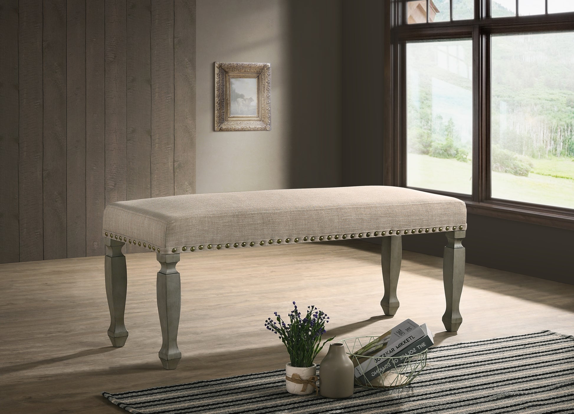 Breda Antique Gray Finish Upholstered Bench Tan Polyester