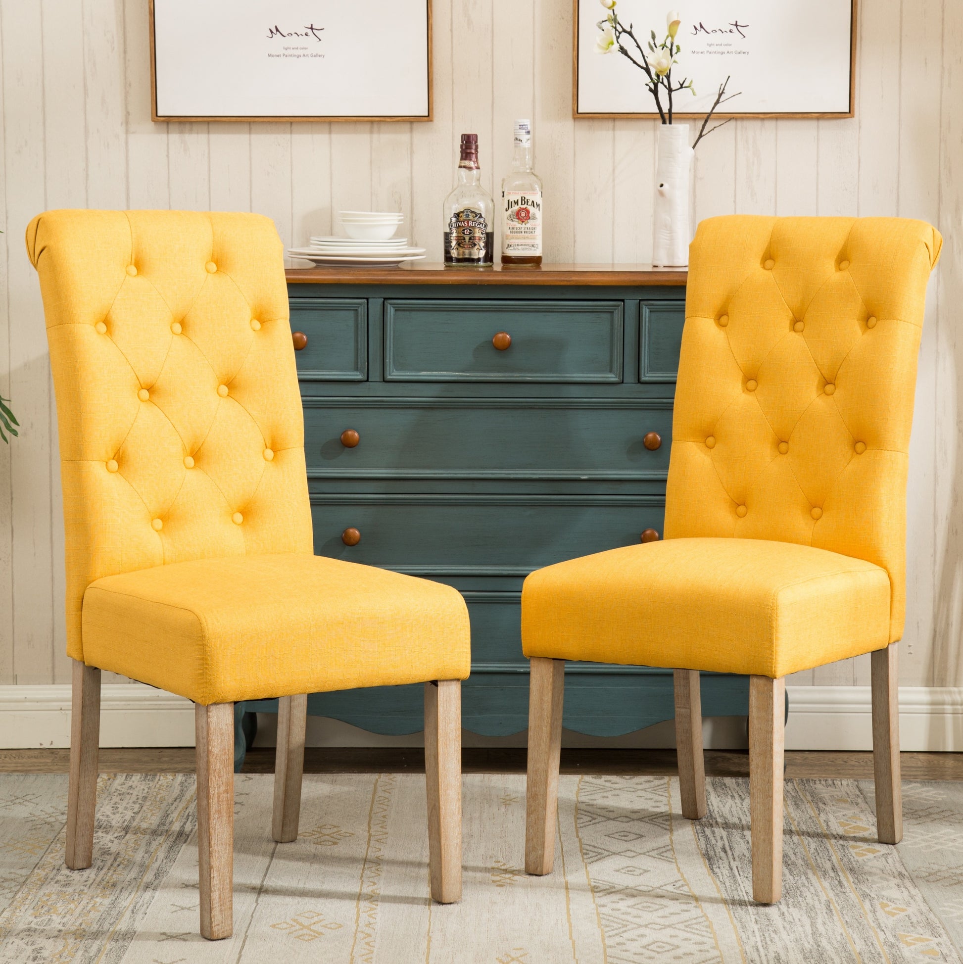 Habit Solid Wood Tufted Parsons Dining Chair, Set Of 2, Yellow Yellow Polyester